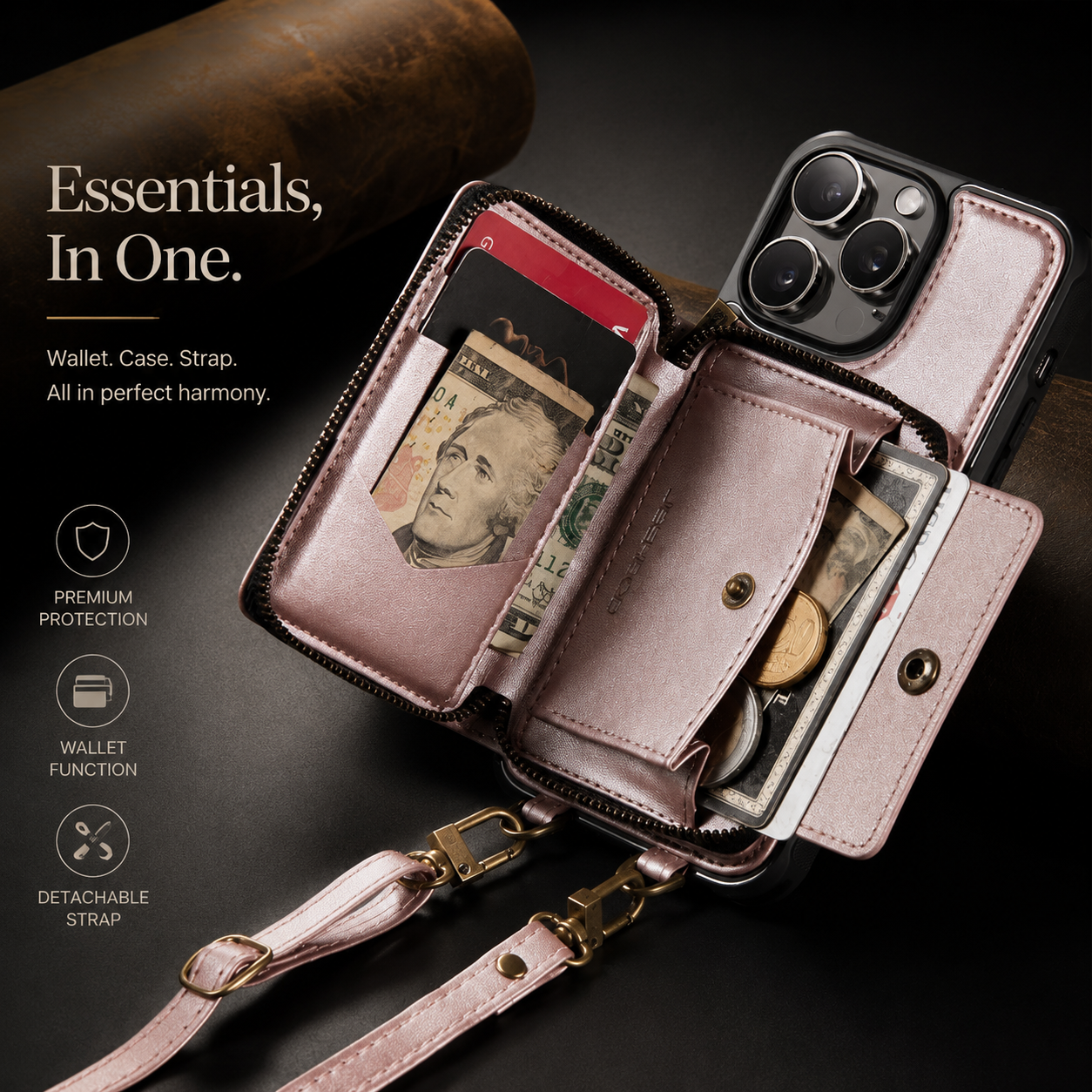 Premium iPhone Case Leather Crossbody Wallet Cover Card Holder Stand Function Lanyard Strap Shockproof Protective Magnetic Closure Full Coverage Design