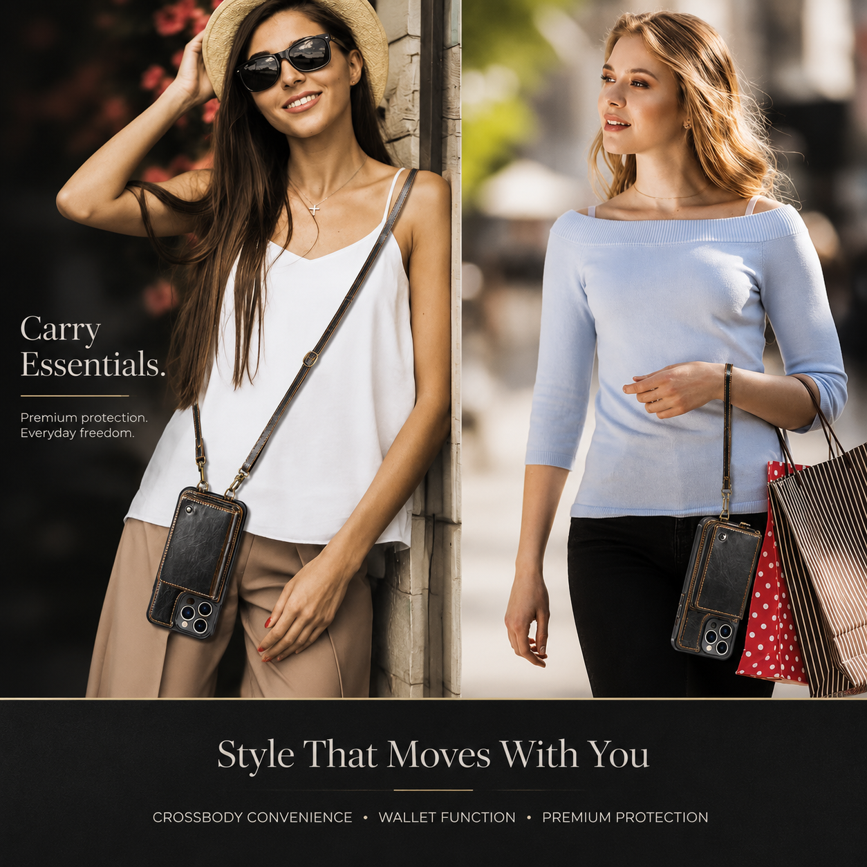 Premium iPhone Case Leather Crossbody Wallet Cover Card Holder Stand Function Lanyard Strap Shockproof Protective Magnetic Closure Full Coverage Design