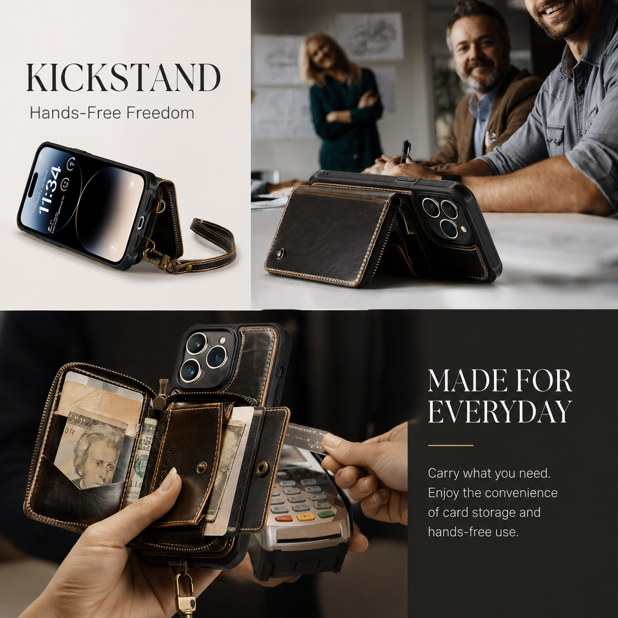 Premium iPhone Case Leather Crossbody Wallet Cover Card Holder Stand Function Lanyard Strap Shockproof Protective Magnetic Closure Full Coverage Design