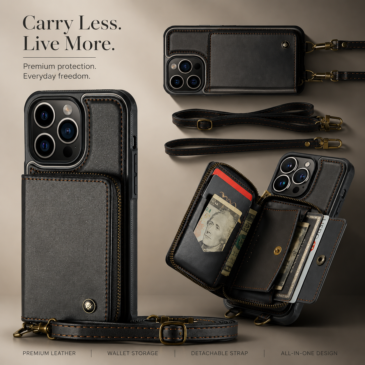 Premium iPhone Case Leather Crossbody Wallet Cover Card Holder Stand Function Lanyard Strap Shockproof Protective Magnetic Closure Full Coverage Design