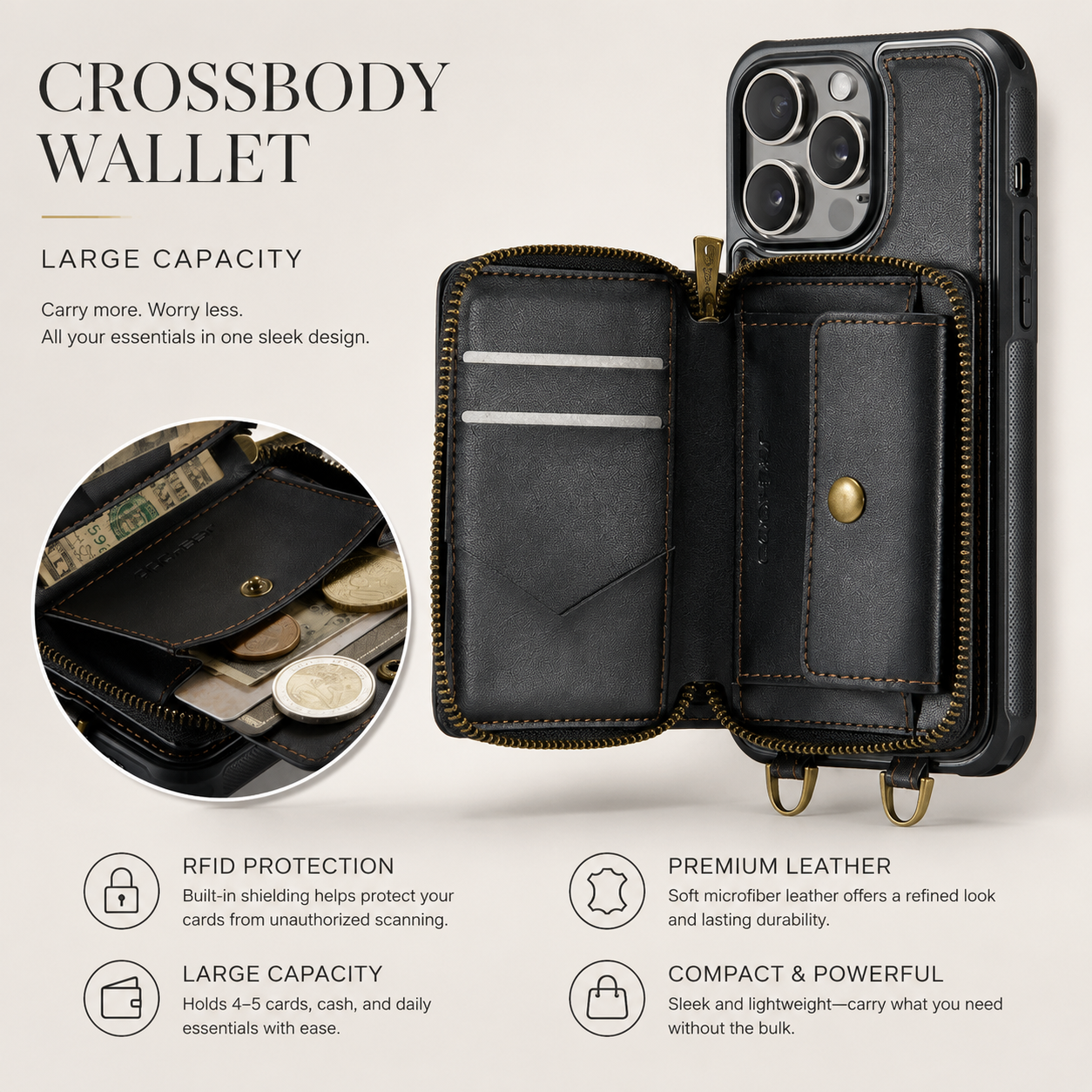 Premium iPhone Case Leather Crossbody Wallet Cover Card Holder Stand Function Lanyard Strap Shockproof Protective Magnetic Closure Full Coverage Design
