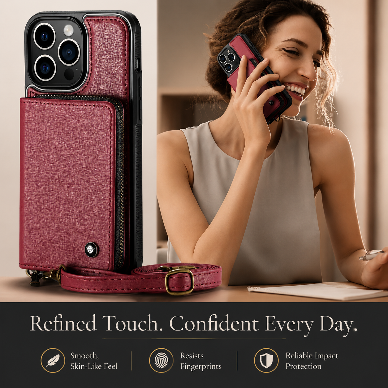 Premium iPhone Case Leather Crossbody Wallet Cover Card Holder Stand Function Lanyard Strap Shockproof Protective Magnetic Closure Full Coverage Design