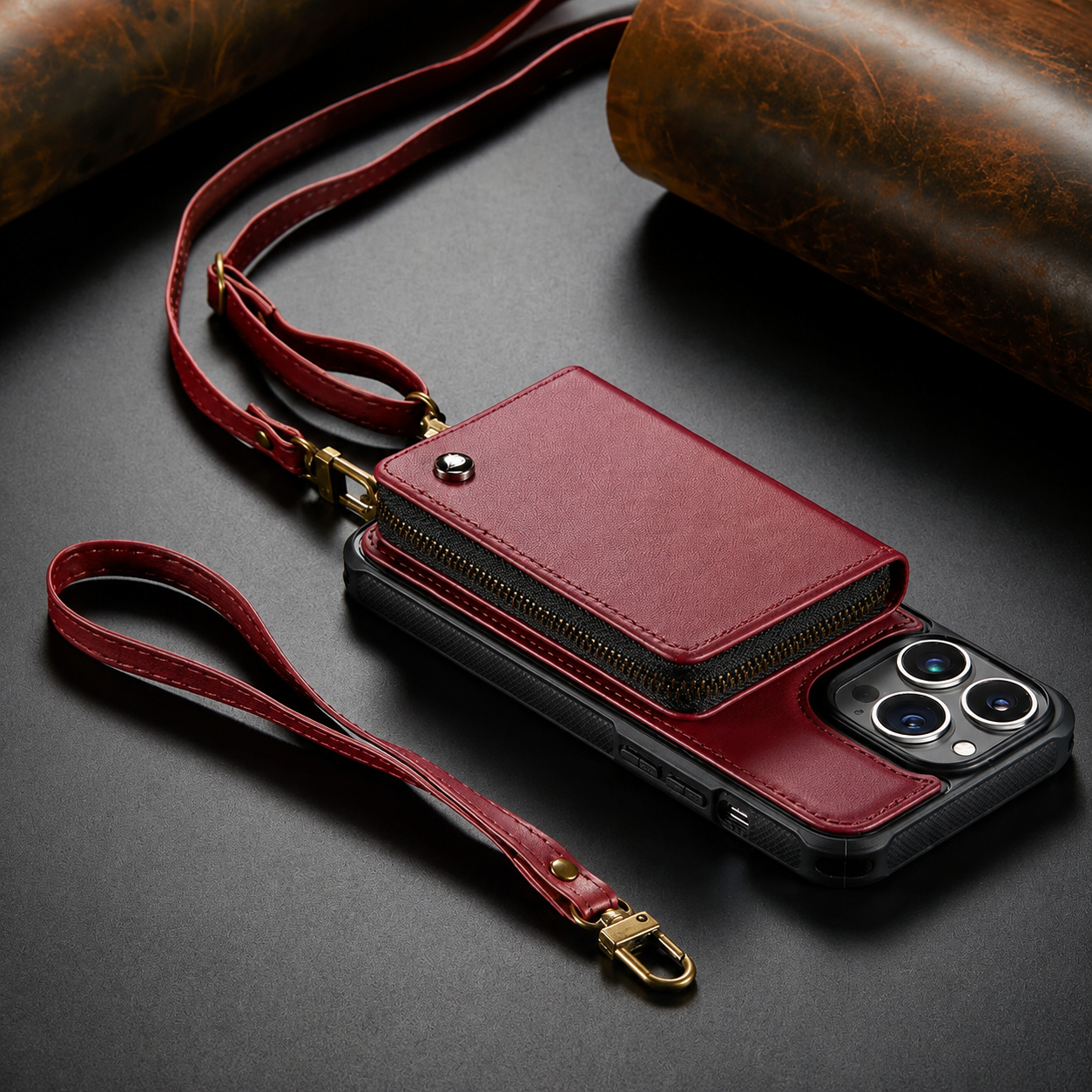 Premium iPhone Case Leather Crossbody Wallet Cover Card Holder Stand Function Lanyard Strap Shockproof Protective Magnetic Closure Full Coverage Design