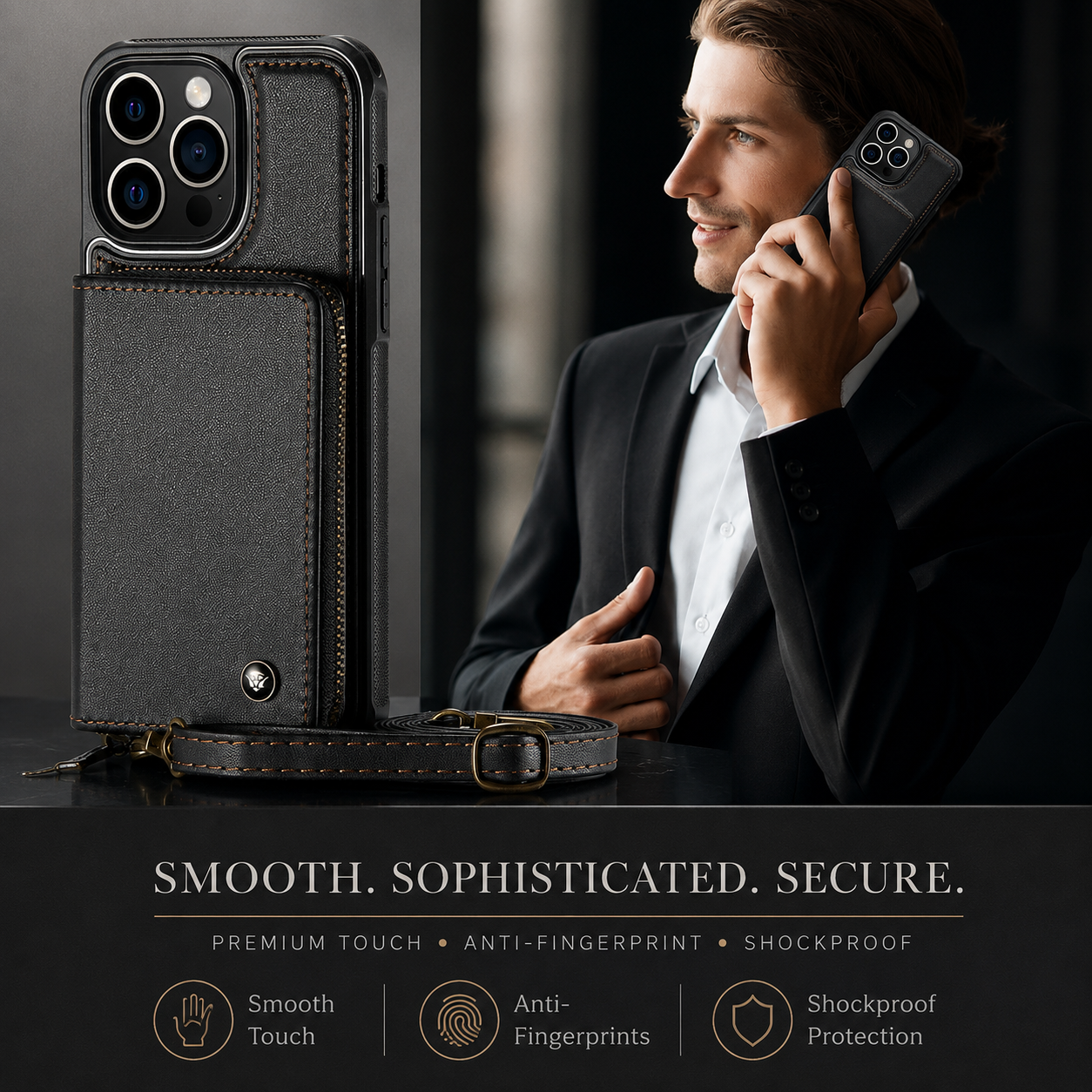 Premium iPhone Case Leather Crossbody Wallet Cover Card Holder Stand Function Lanyard Strap Shockproof Protective Magnetic Closure Full Coverage Design