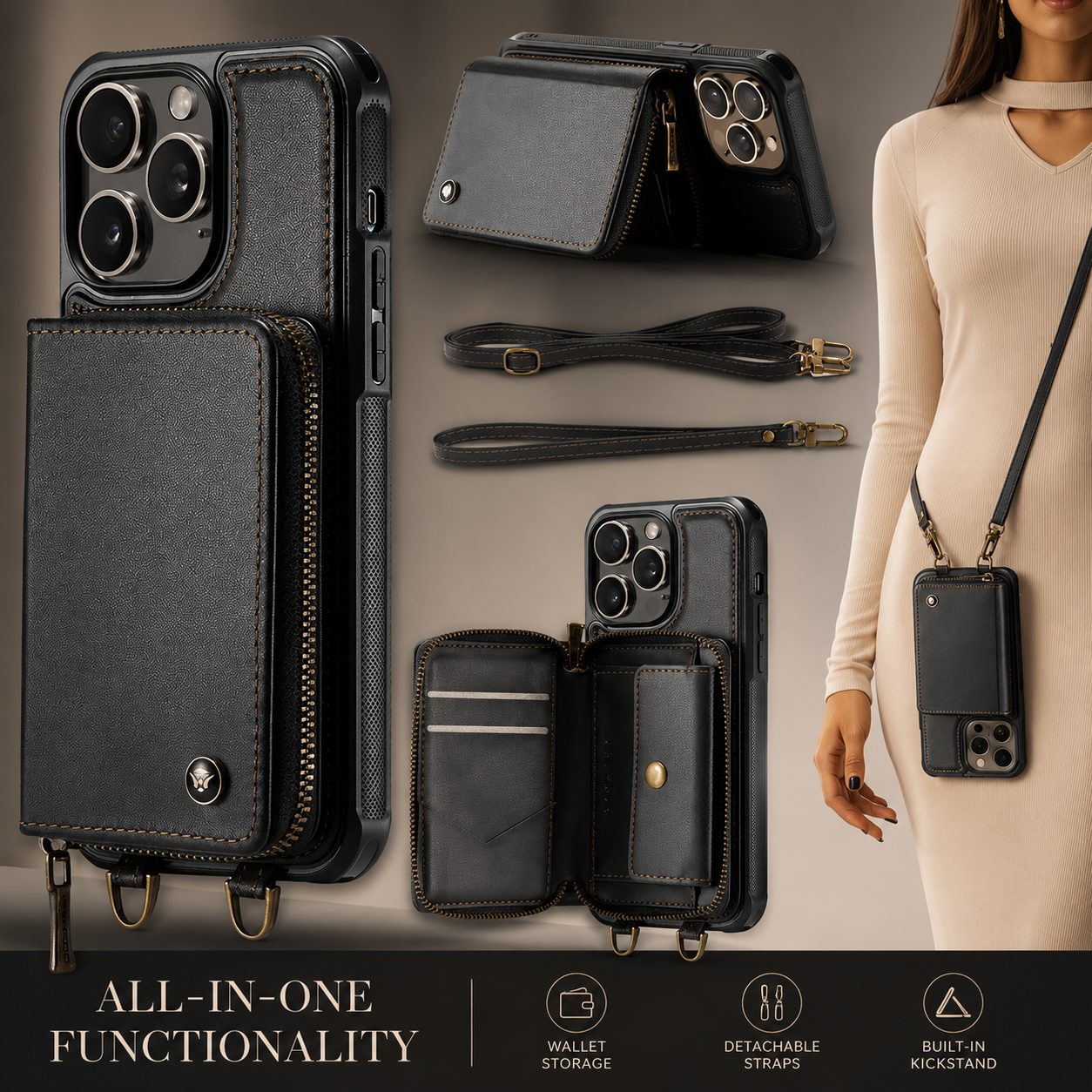 Premium iPhone Case Leather Crossbody Wallet Cover Card Holder Stand Function Lanyard Strap Shockproof Protective Magnetic Closure Full Coverage Design
