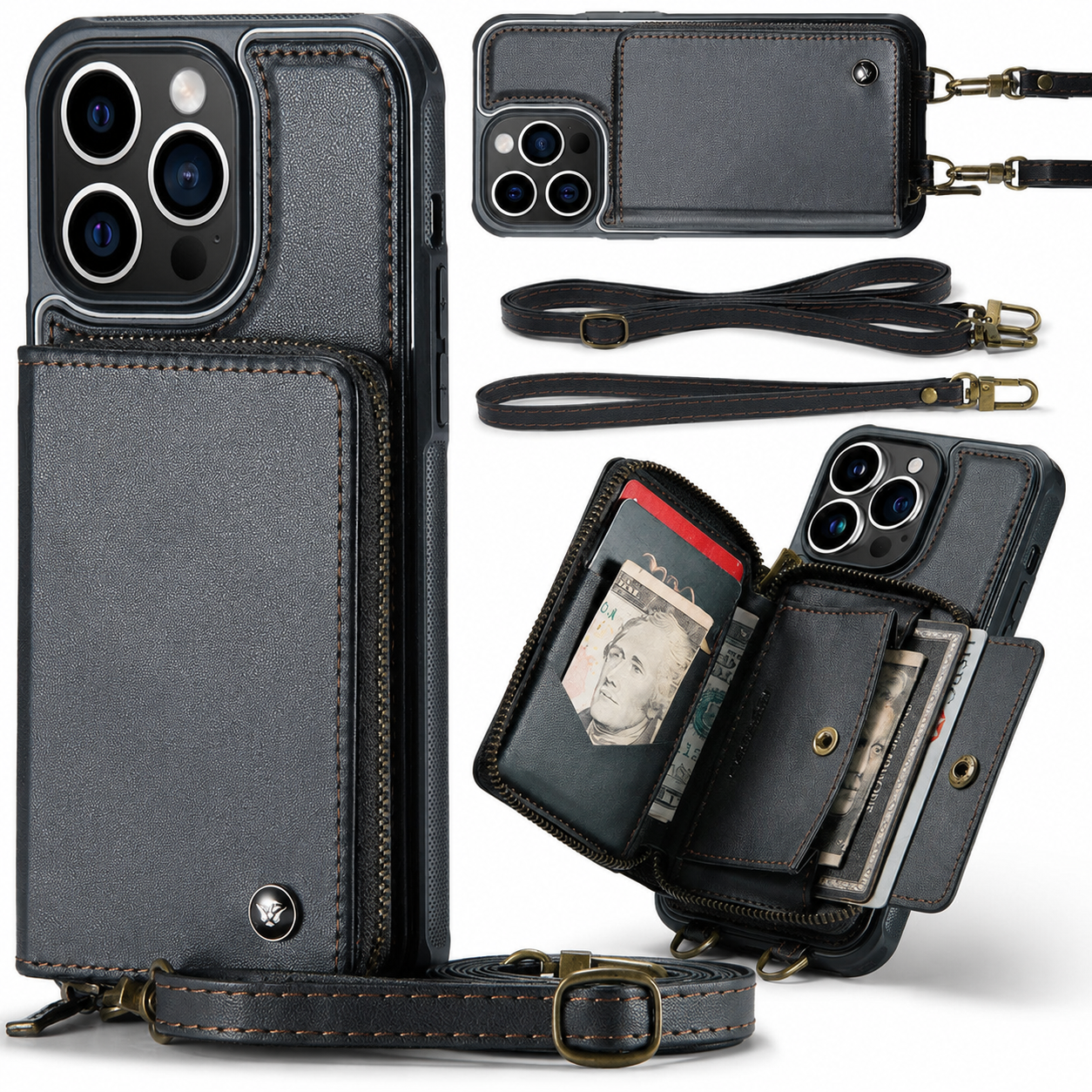 Premium iPhone Case Leather Crossbody Wallet Cover Card Holder Stand Function Lanyard Strap Shockproof Protective Magnetic Closure Full Coverage Design