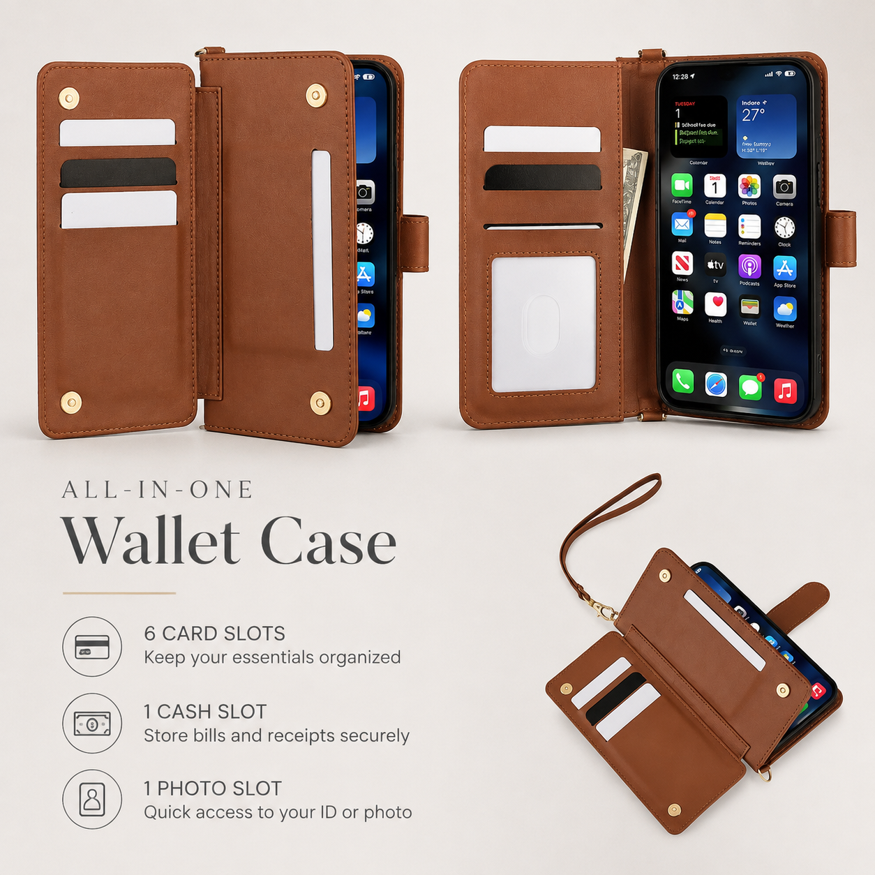 Premium iPhone Case Leather Flip Wallet Cover Card Holder Shockproof Protective Cover Magnetic Closure Kickstand Full Body Protection Design