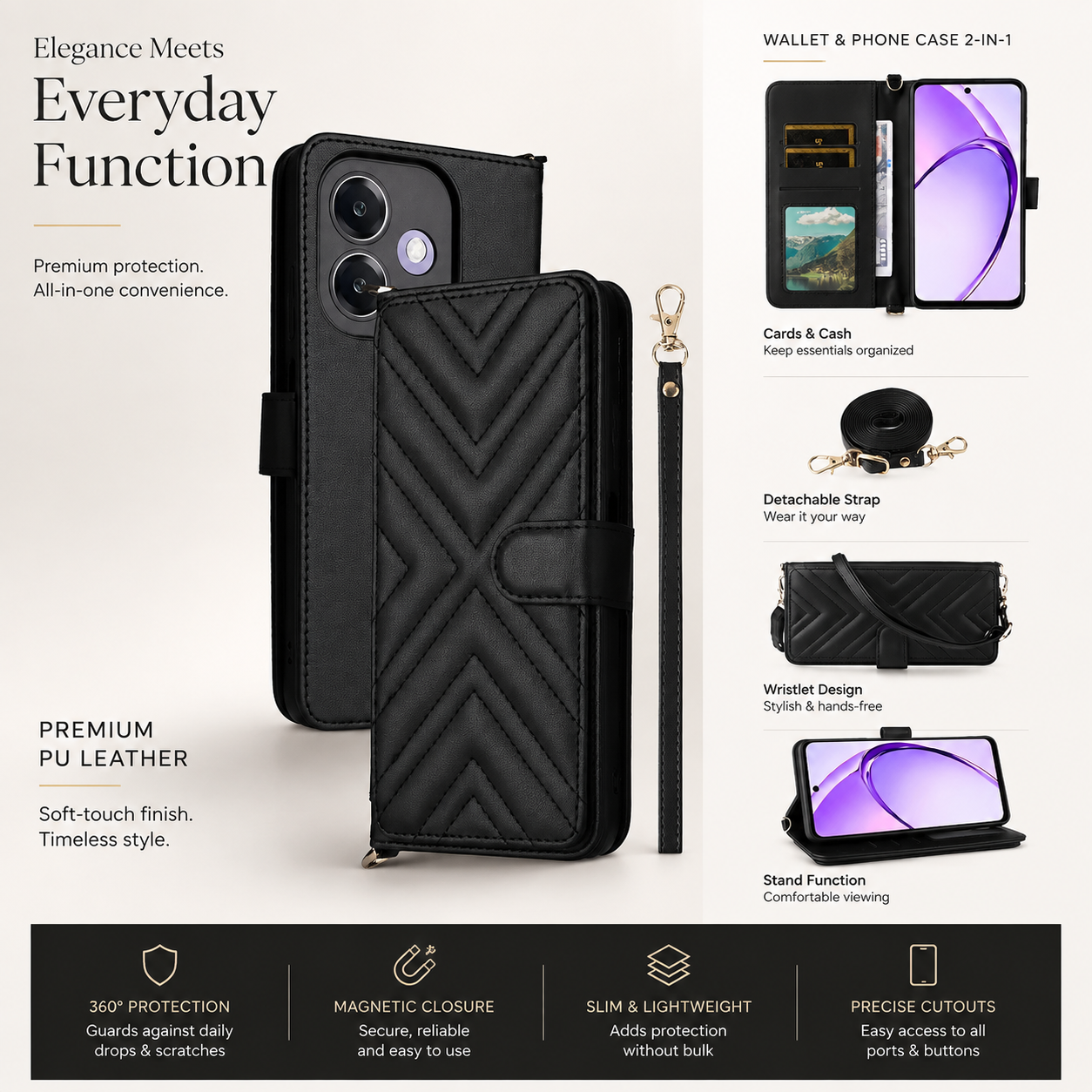 Premium iPhone Case Leather Flip Wallet Cover Card Holder Shockproof Protective Cover Magnetic Closure Kickstand Full Body Protection Design