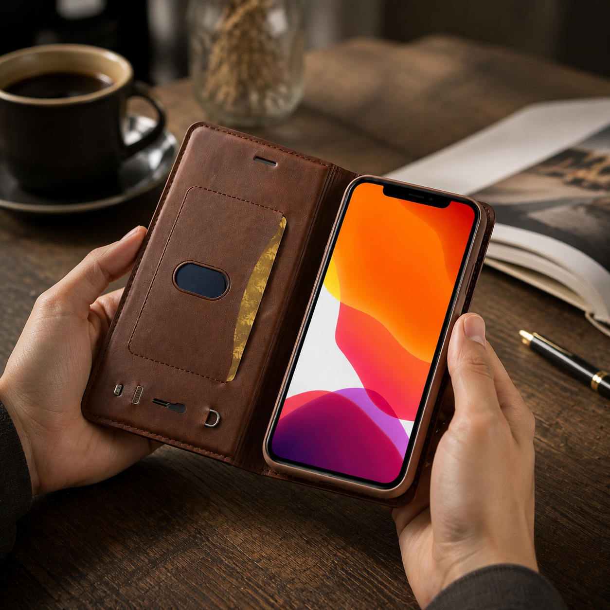 Premium iPhone Case Leather Flip Wallet Cover MagSafe Compatible PU Leather Card Holder SIM Slot Magnetic Closure Shockproof Protective Design