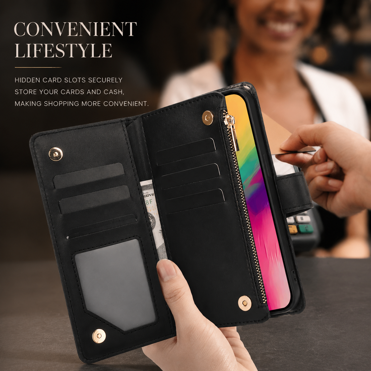 Premium iPhone Case Leather Wallet Flip Cover 6 Card Slots Zipper Pocket Magnetic Protective Case Shockproof Kickstand Chain Strap Full Coverage