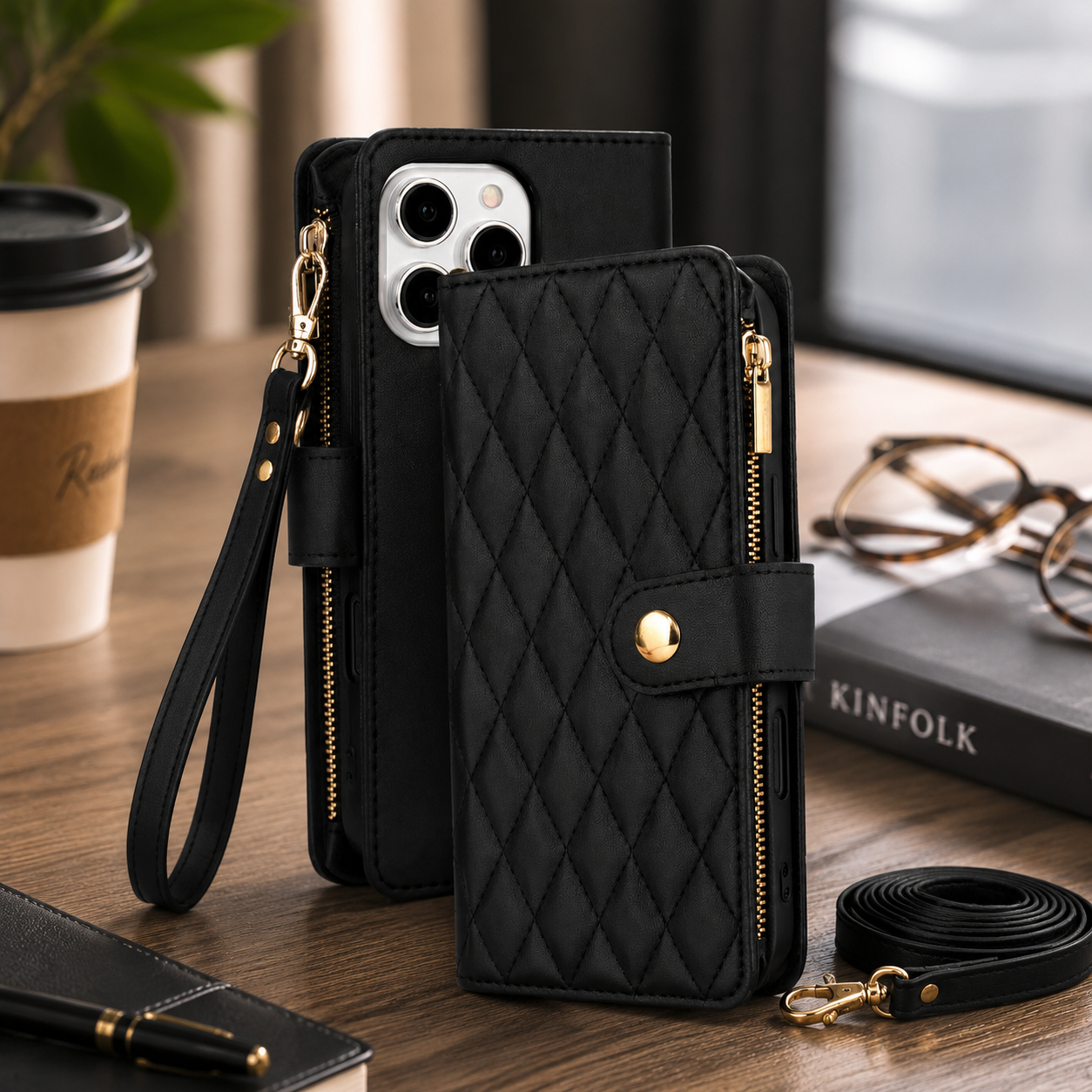 Premium iPhone Case Leather Wallet Flip Cover 6 Card Slots Zipper Pocket Magnetic Protective Case Shockproof Kickstand Chain Strap Full Coverage