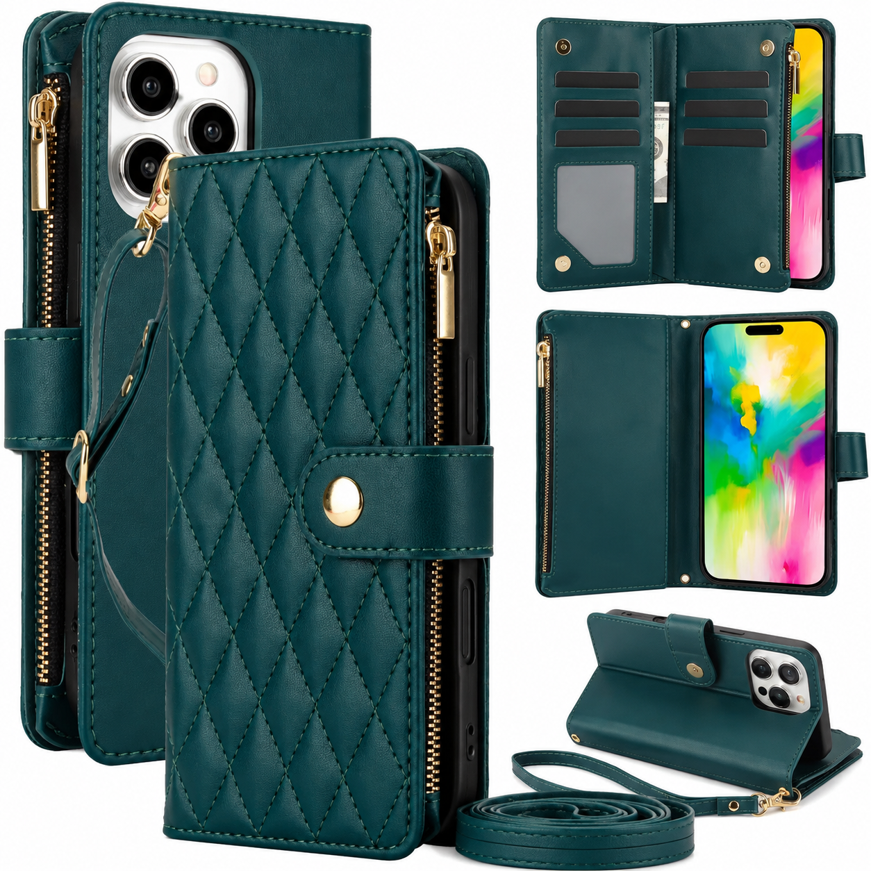 Premium iPhone Case Leather Wallet Flip Cover 6 Card Slots Zipper Pocket Magnetic Protective Case Shockproof Kickstand Chain Strap Full Coverage
