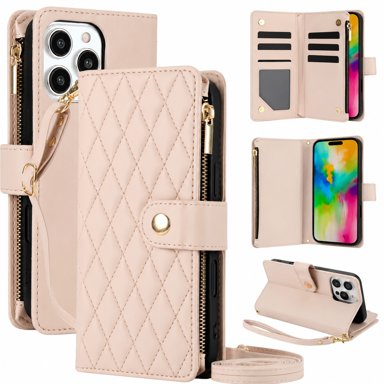Premium iPhone Case Leather Wallet Flip Cover 6 Card Slots Zipper Pocket Magnetic Protective Case Shockproof Kickstand Chain Strap Full Coverage