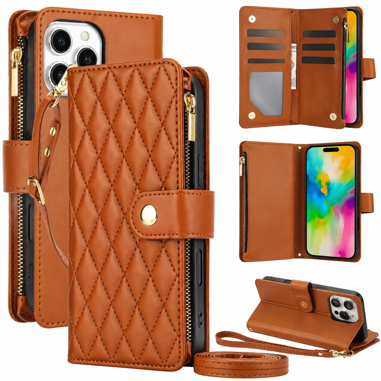 Premium iPhone Case Leather Wallet Flip Cover 6 Card Slots Zipper Pocket Magnetic Protective Case Shockproof Kickstand Chain Strap Full Coverage