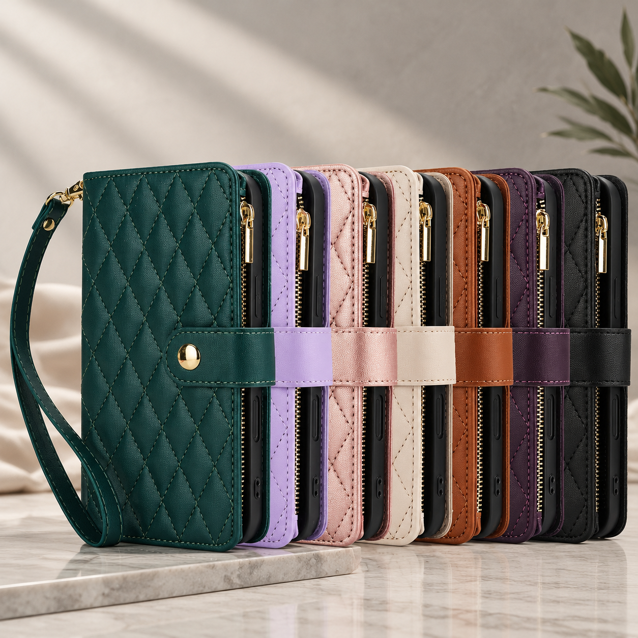 Premium iPhone Case Leather Wallet Flip Cover 6 Card Slots Zipper Pocket Magnetic Protective Case Shockproof Kickstand Chain Strap Full Coverage