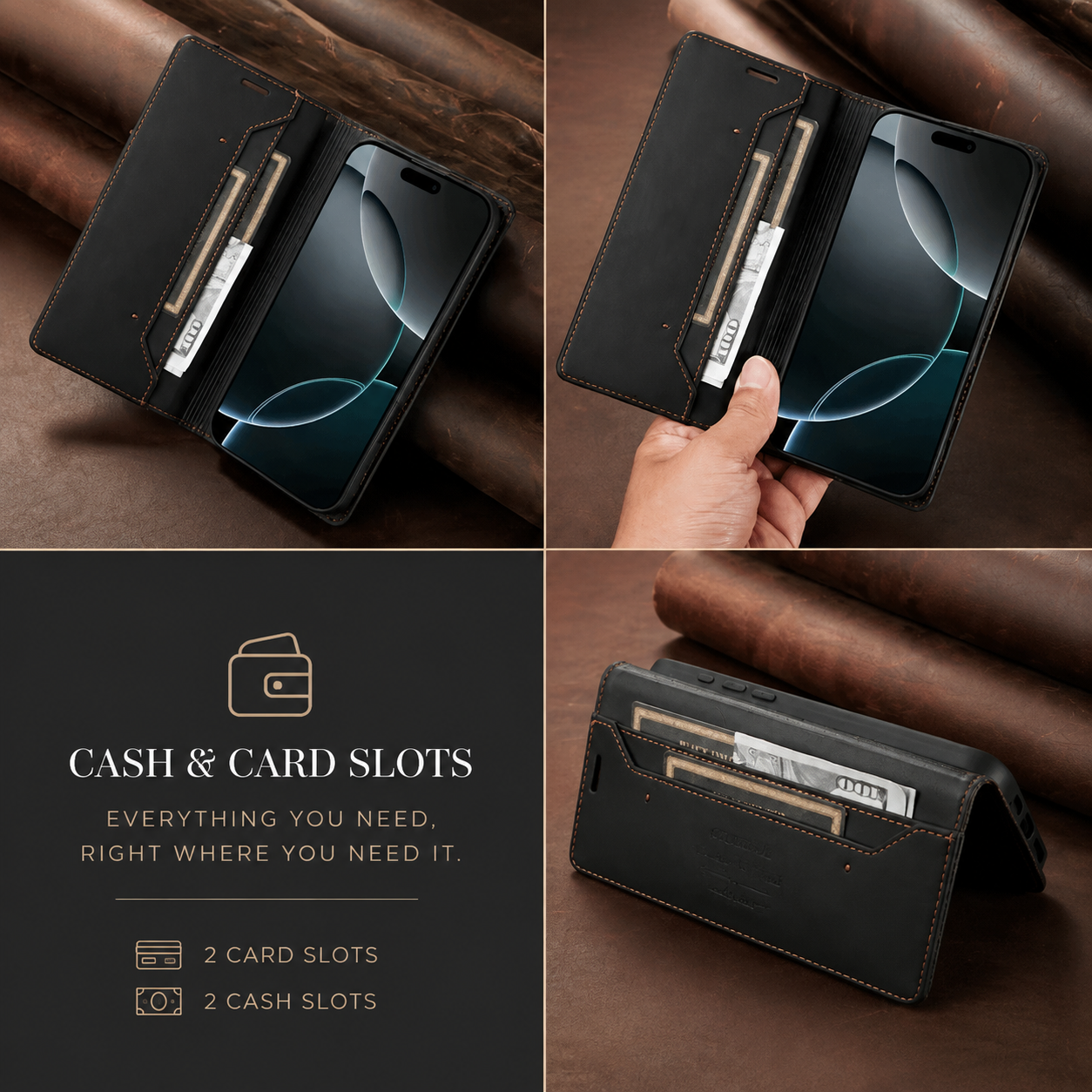 Premium iPhone Case Leather Wallet Flip Cover RFID Card Holder Magnetic Protective Case Shockproof Kickstand Anti Fingerprint Full Coverage