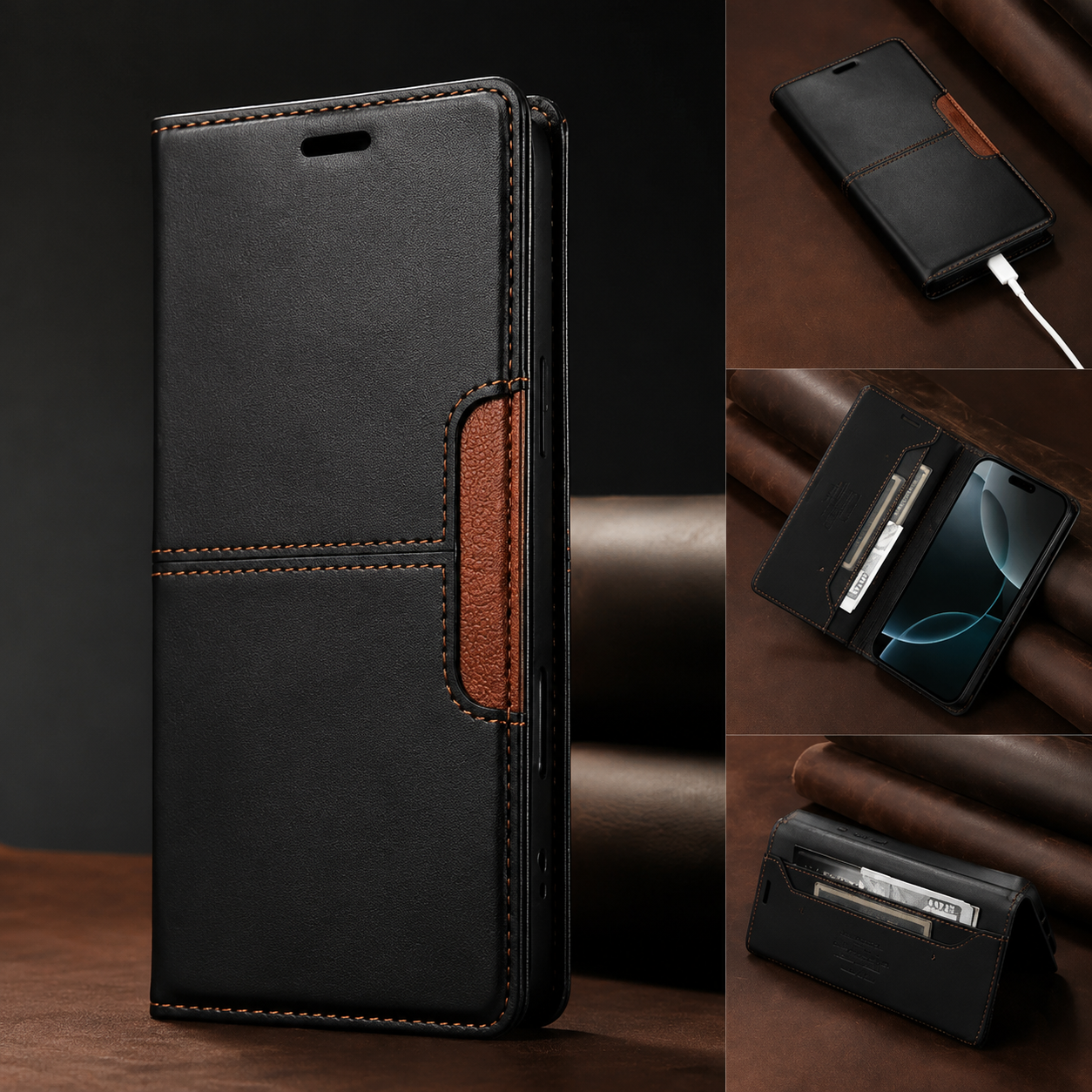 Premium iPhone Case Leather Wallet Flip Cover RFID Card Holder Magnetic Protective Case Shockproof Kickstand Anti Fingerprint Full Coverage