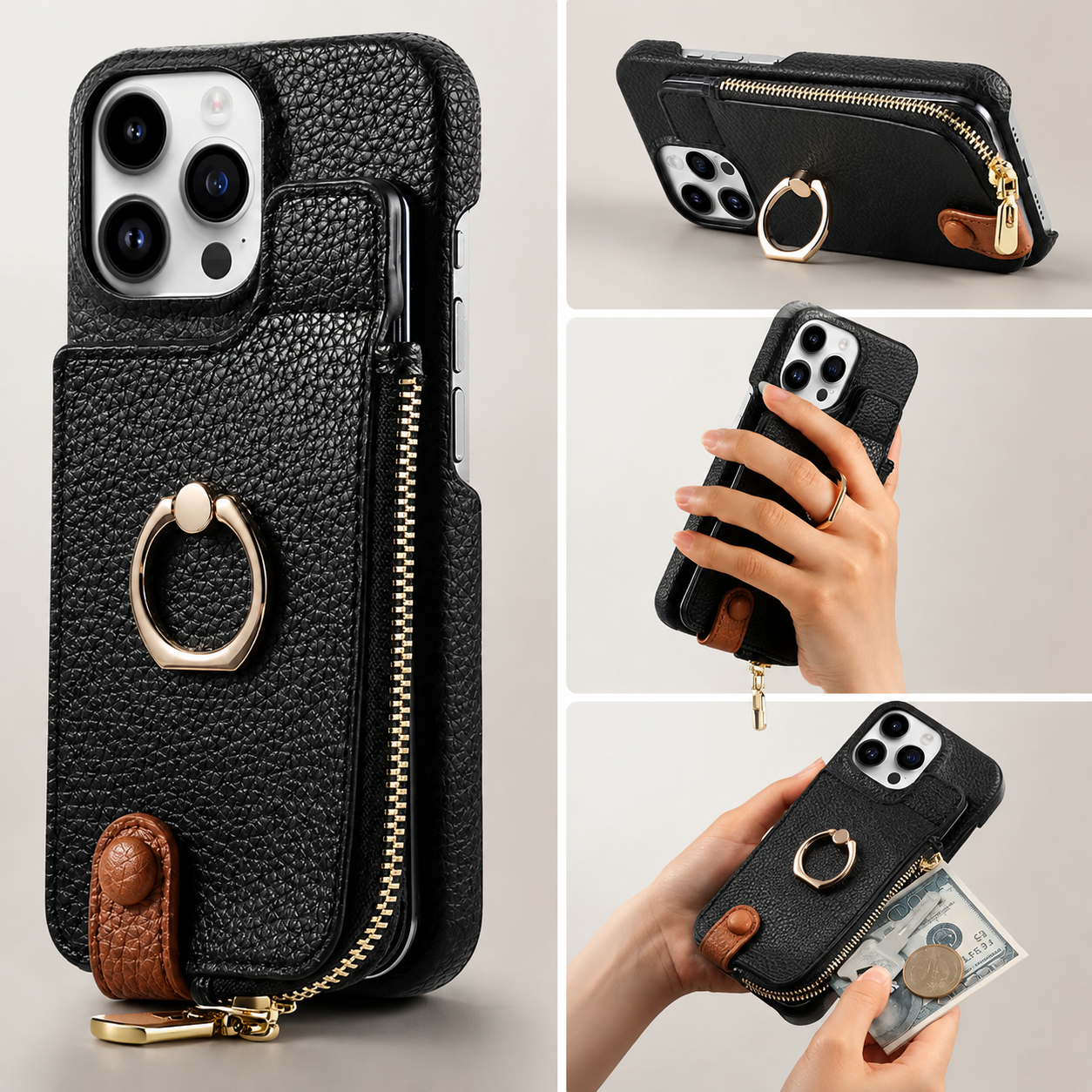 Premium iPhone Case Leather Zipper Wallet Cover Card Holder Ring Kickstand Magnetic Closure Shockproof Anti Fingerprint Protective Design