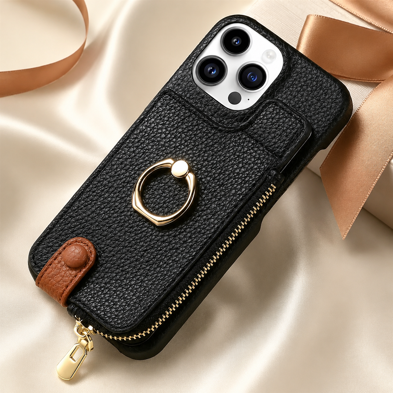Premium iPhone Case Leather Zipper Wallet Cover Card Holder Ring Kickstand Magnetic Closure Shockproof Anti Fingerprint Protective Design