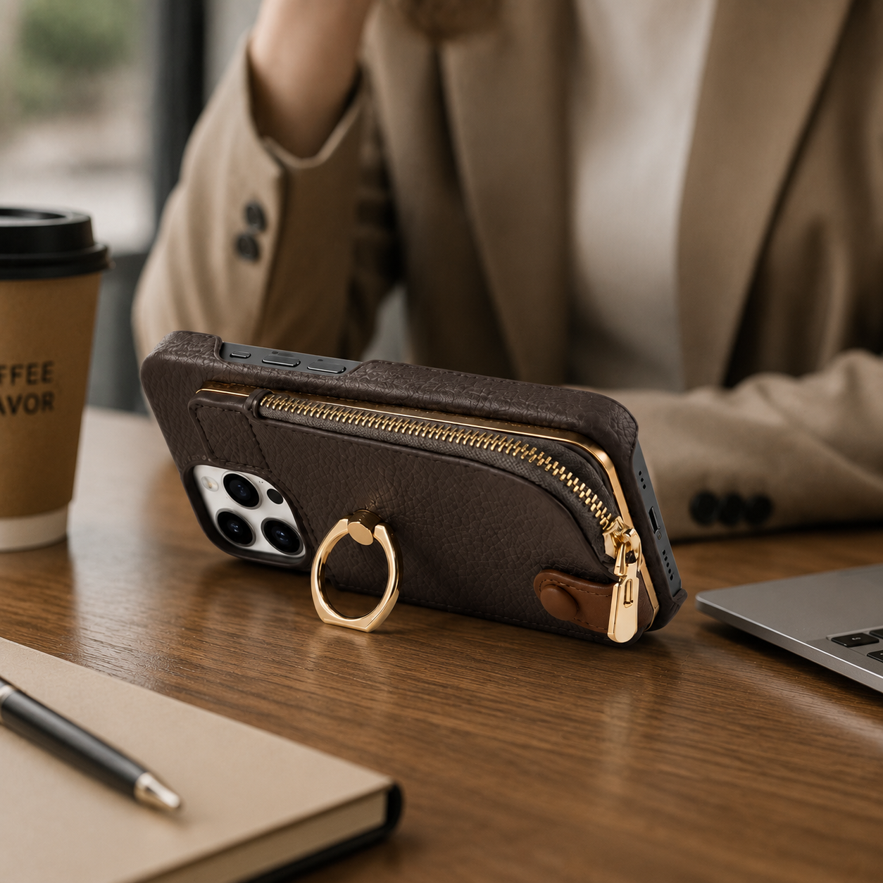 Premium iPhone Case Leather Zipper Wallet Cover Card Holder Ring Kickstand Magnetic Closure Shockproof Anti Fingerprint Protective Design