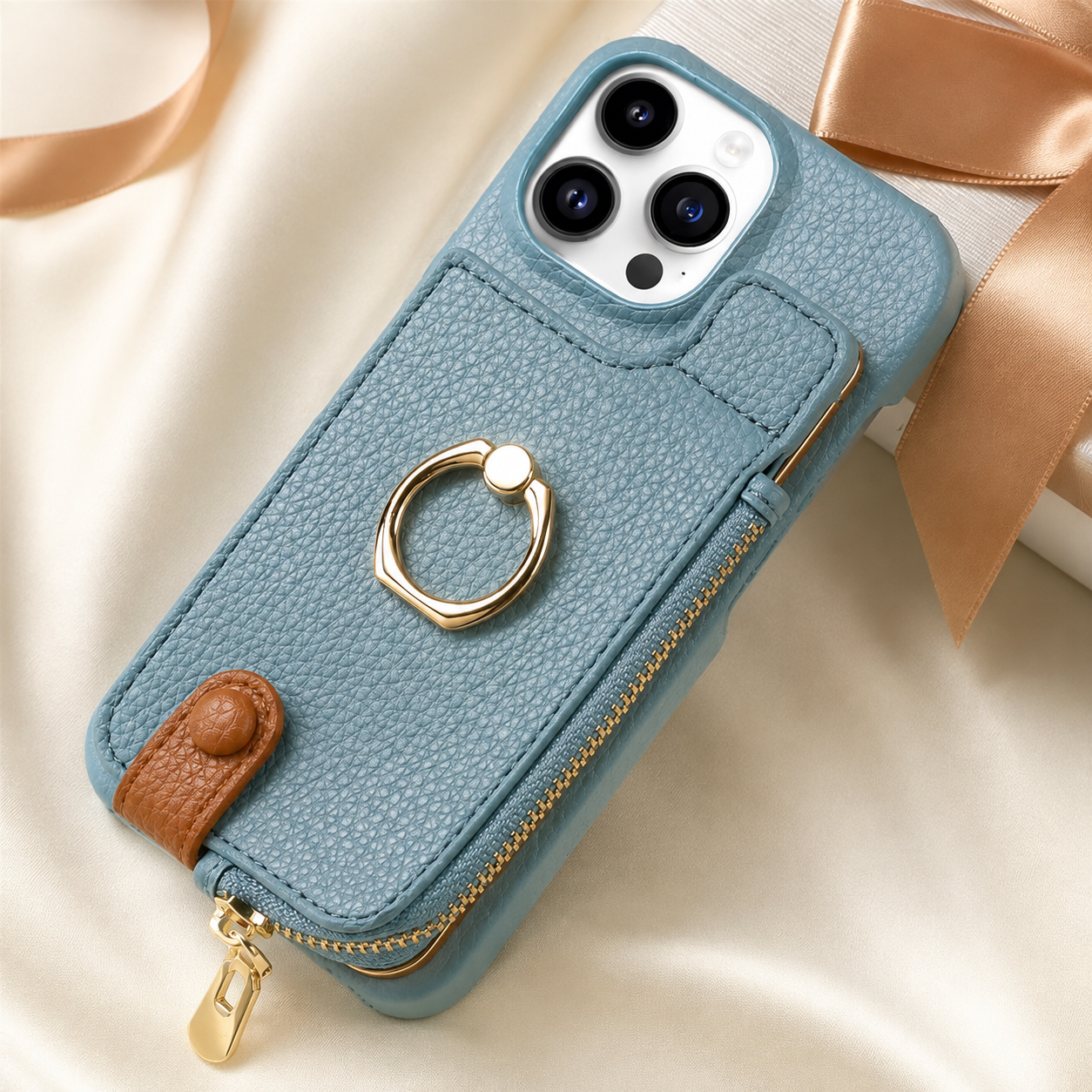 Premium iPhone Case Leather Zipper Wallet Cover Card Holder Ring Kickstand Magnetic Closure Shockproof Anti Fingerprint Protective Design
