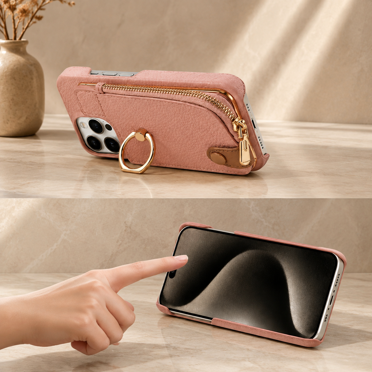 Premium iPhone Case Leather Zipper Wallet Cover Card Holder Ring Kickstand Shockproof Protective Case Magnetic Closure Full Coverage Design