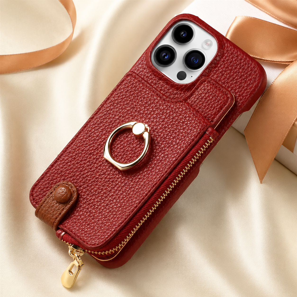 Premium iPhone Case Leather Zipper Wallet Cover Card Holder Ring Kickstand Shockproof Protective Case Magnetic Closure Full Coverage Design