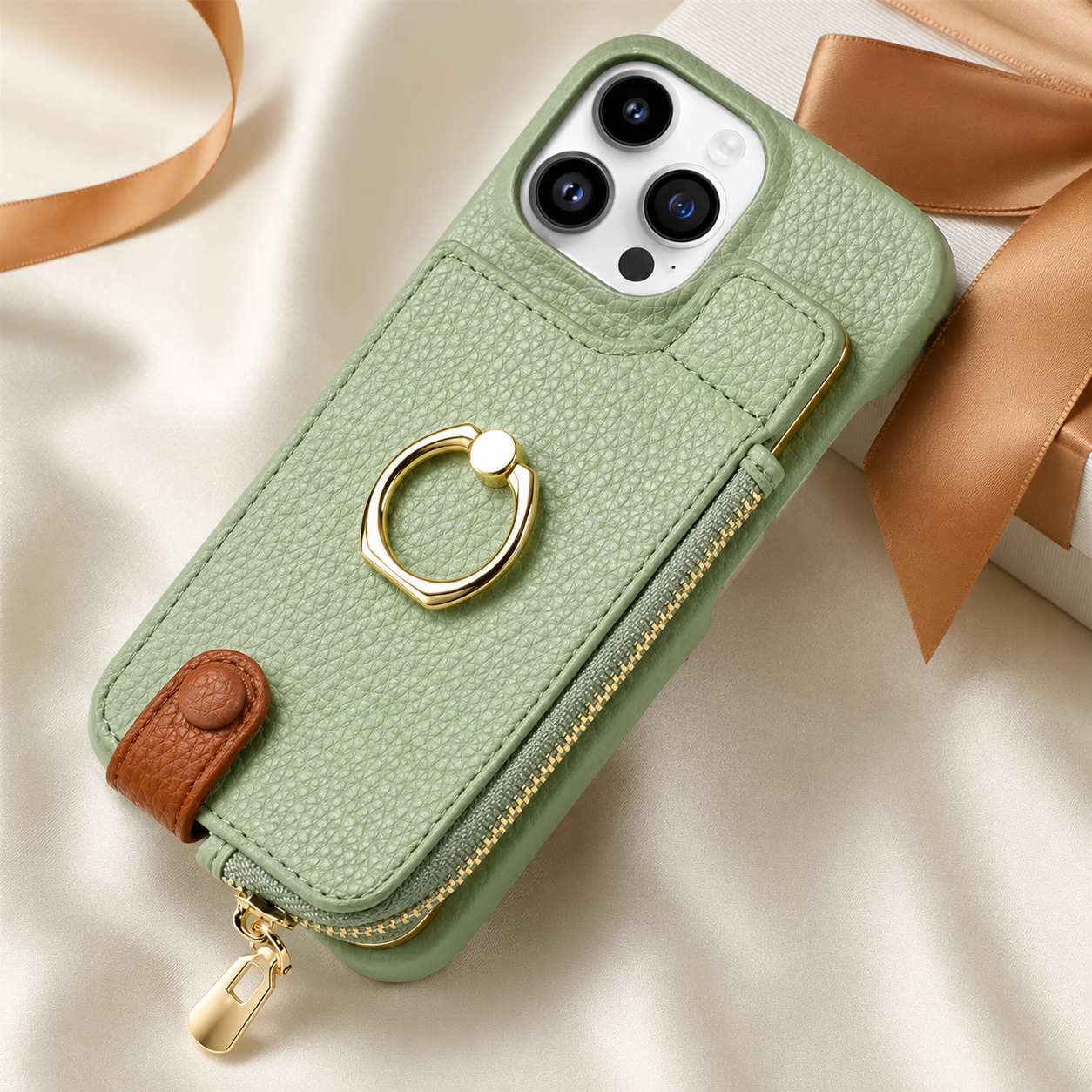 Premium iPhone Case Leather Zipper Wallet Cover Card Holder Ring Kickstand Shockproof Protective Case Magnetic Closure Full Coverage Design