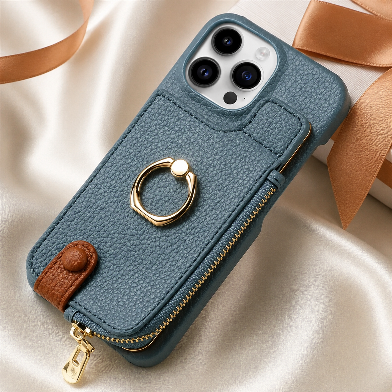 Premium iPhone Case Leather Zipper Wallet Cover Card Holder Ring Kickstand Shockproof Protective Case Magnetic Closure Full Coverage Design