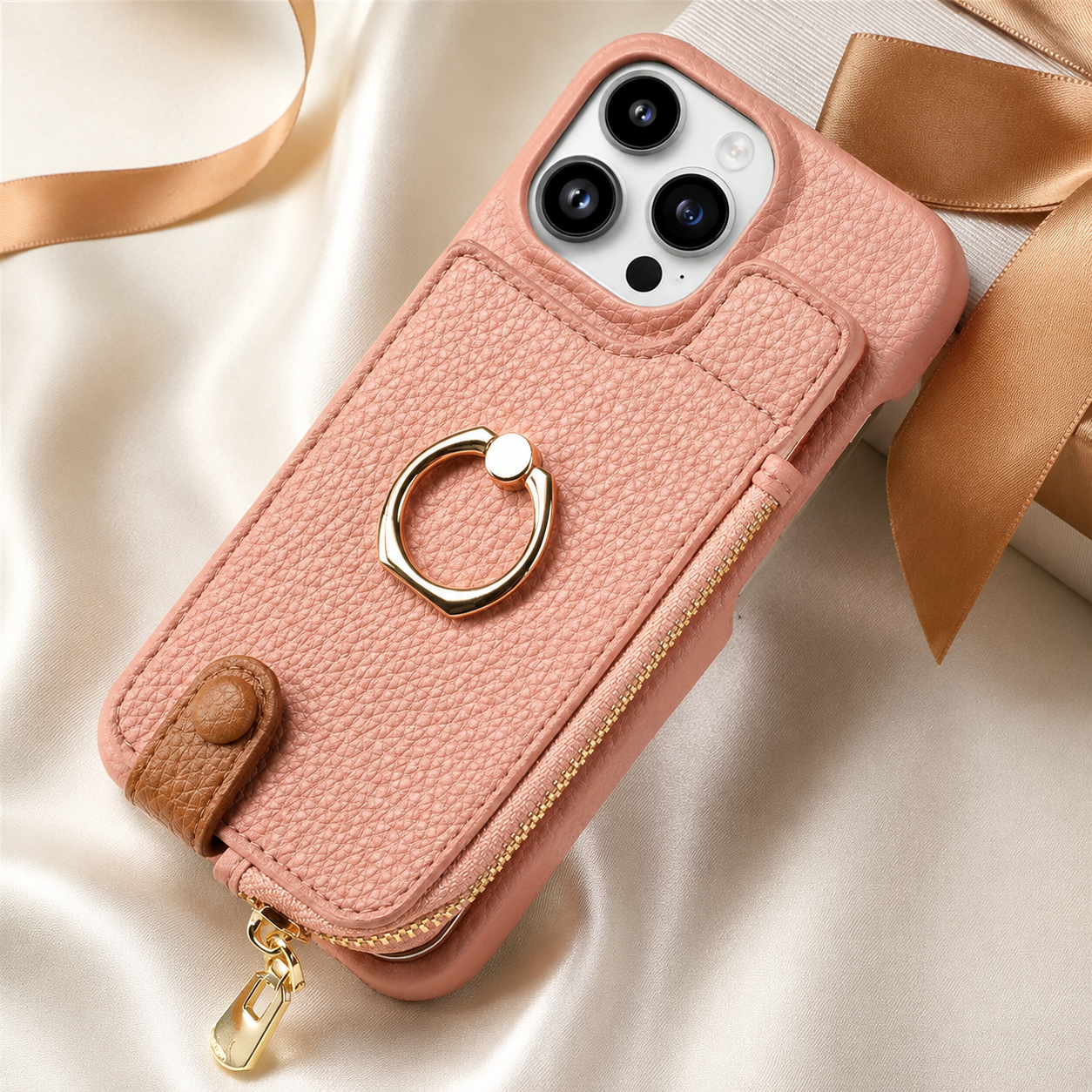 Premium iPhone Case Leather Zipper Wallet Cover Card Holder Ring Kickstand Shockproof Protective Case Magnetic Closure Full Coverage Design