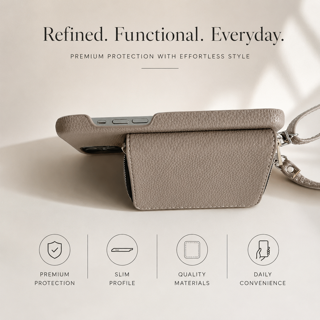 Premium iPhone Case Leather Zipper Wallet Crossbody Cover Card Holder Shoulder Strap Shockproof Protective Magnetic Closure Full Coverage Design
