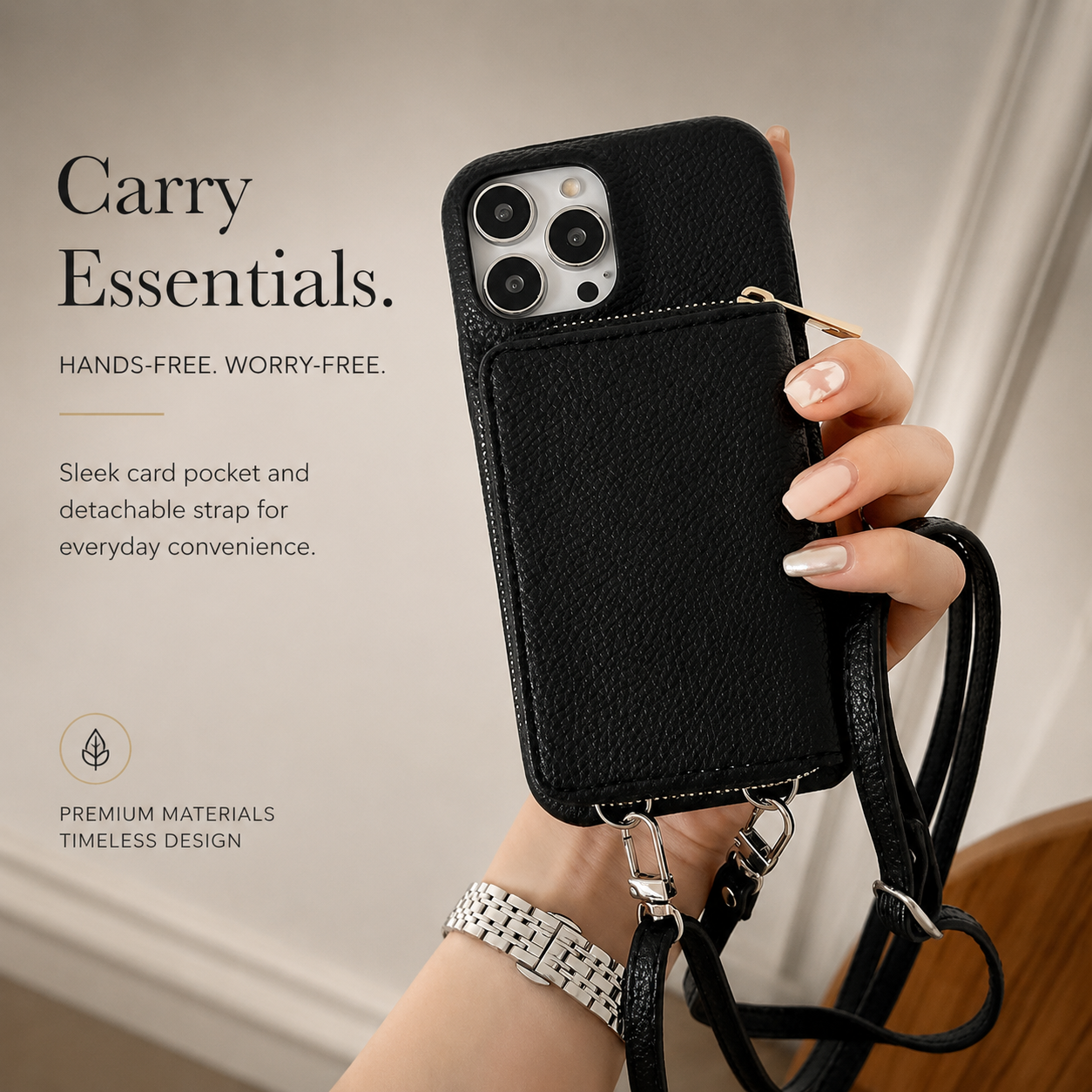 Premium iPhone Case Leather Zipper Wallet Crossbody Cover Card Holder Shoulder Strap Shockproof Protective Magnetic Closure Full Coverage Design
