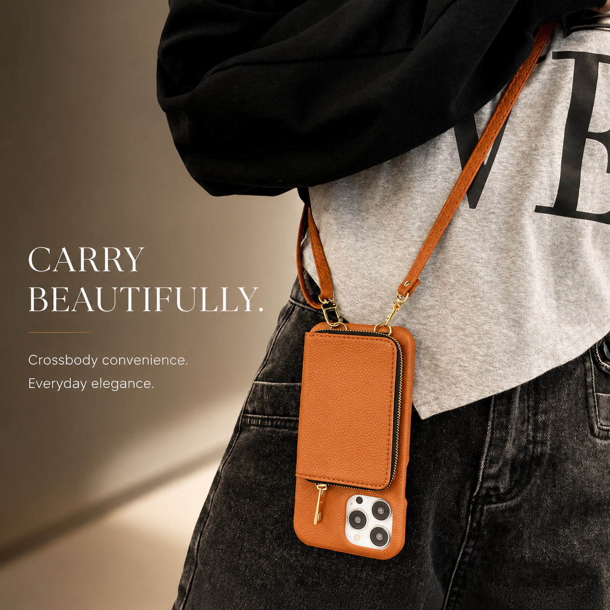 Premium iPhone Case Leather Zipper Wallet Crossbody Cover Card Holder Shoulder Strap Shockproof Protective Magnetic Closure Full Coverage Design