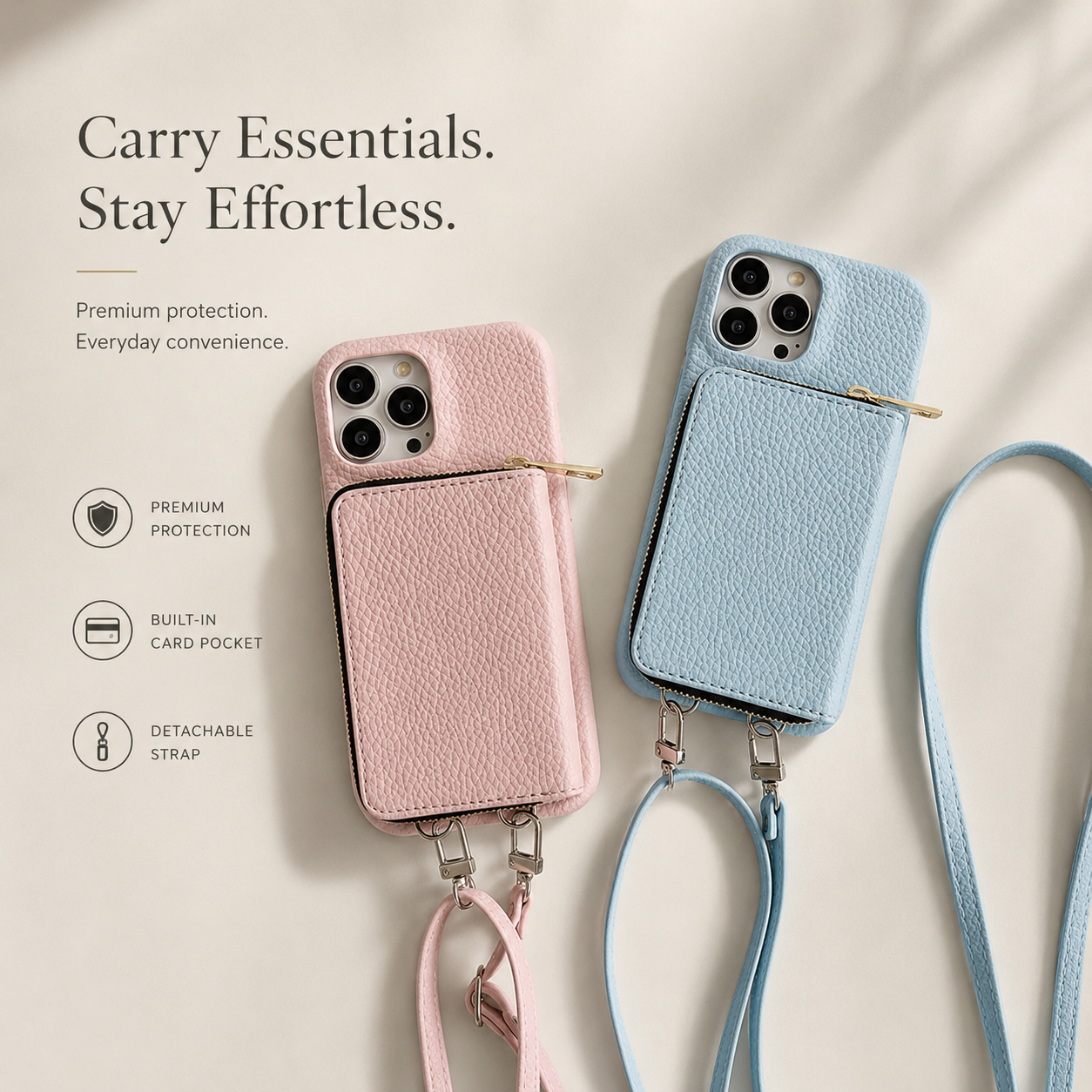 Premium iPhone Case Leather Zipper Wallet Crossbody Cover Card Holder Shoulder Strap Shockproof Protective Magnetic Closure Full Coverage Design