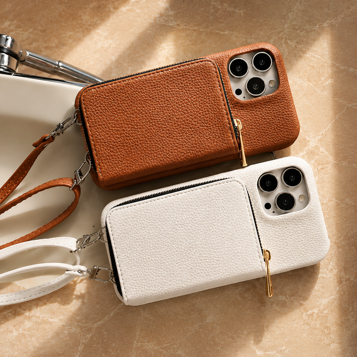 Premium iPhone Case Leather Zipper Wallet Crossbody Cover Card Holder Shoulder Strap Shockproof Protective Magnetic Closure Full Coverage Design
