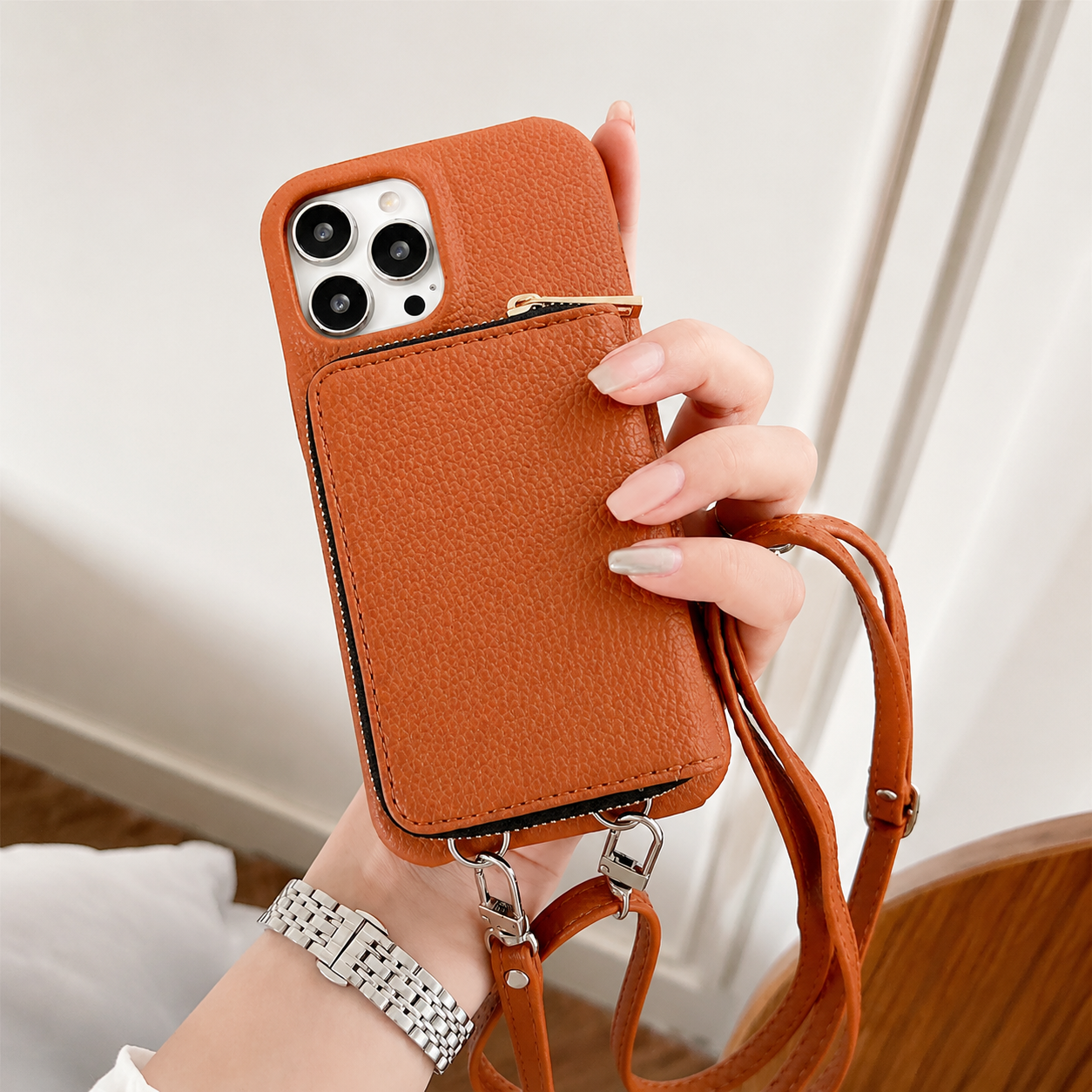 Premium iPhone Case Leather Zipper Wallet Crossbody Cover Card Holder Shoulder Strap Shockproof Protective Magnetic Closure Full Coverage Design