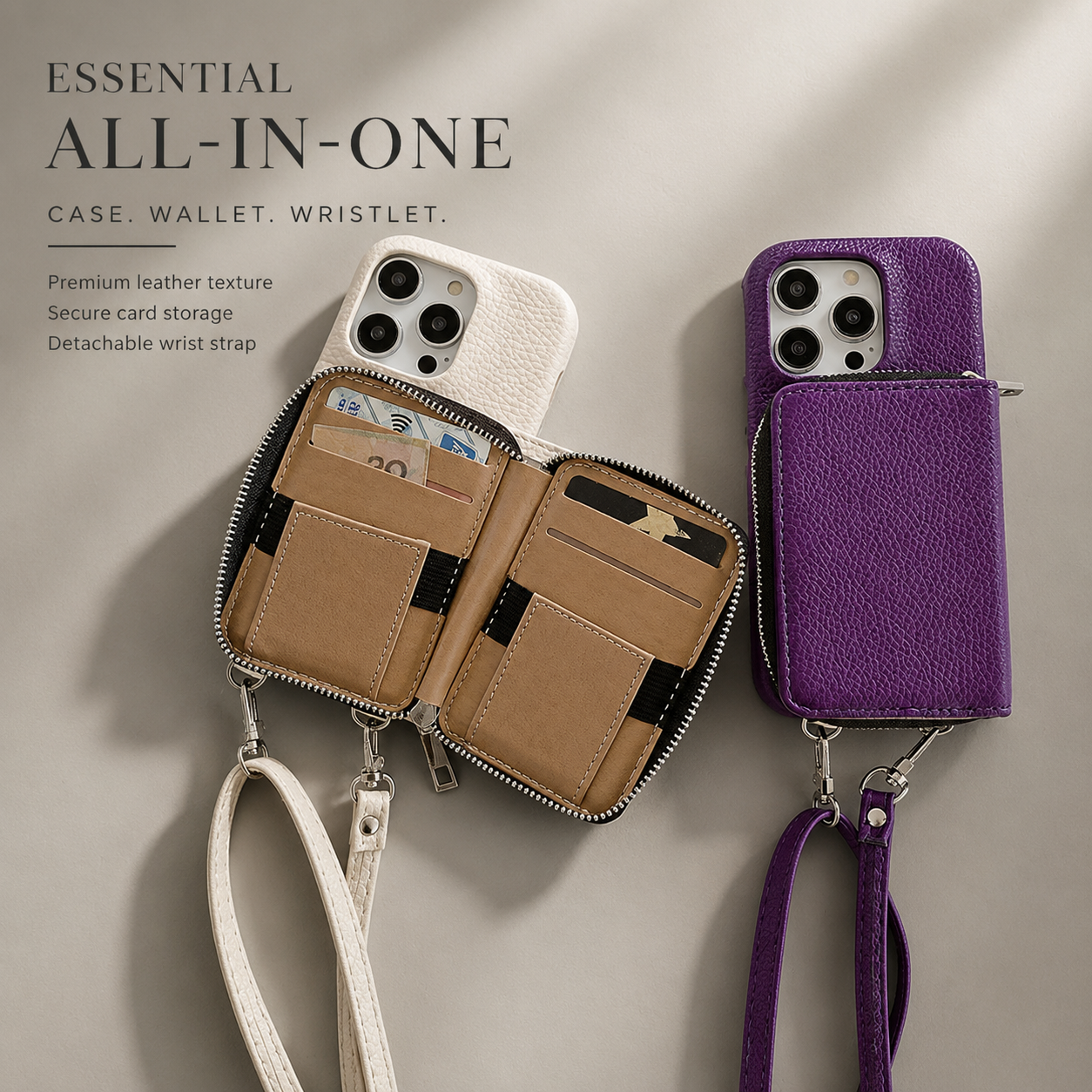 Premium iPhone Case Leather Zipper Wallet Crossbody Cover Card Holder Shoulder Strap Shockproof Protective Magnetic Closure Full Coverage Design