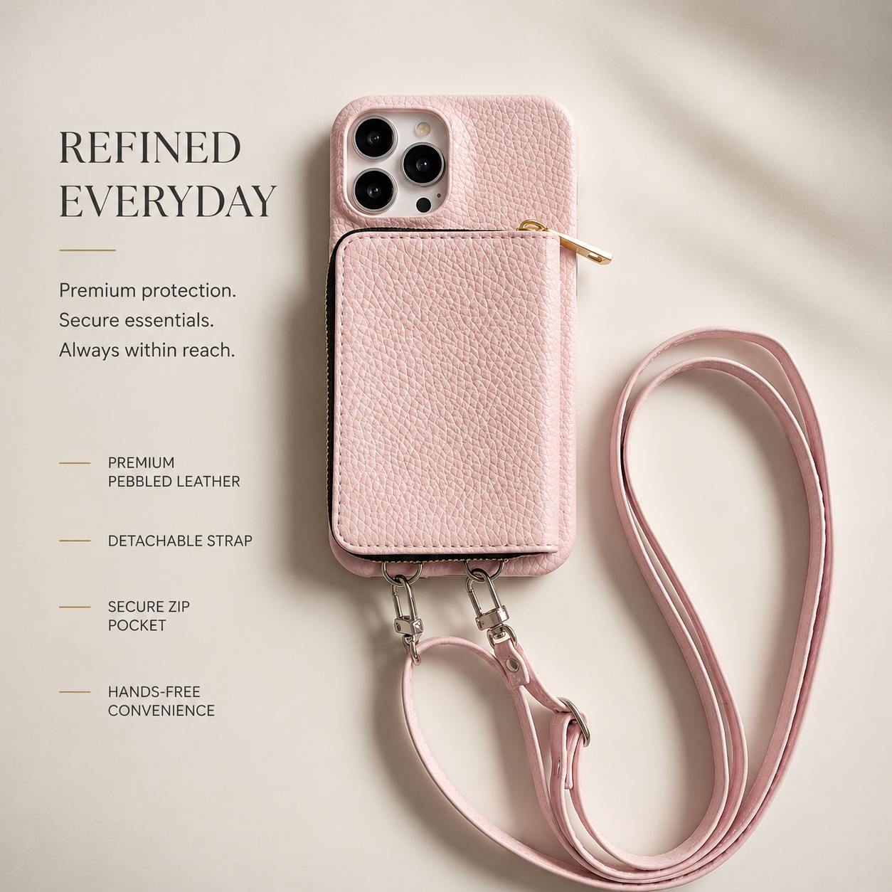 Premium iPhone Case Leather Zipper Wallet Crossbody Cover Card Holder Shoulder Strap Shockproof Protective Magnetic Closure Full Coverage Design