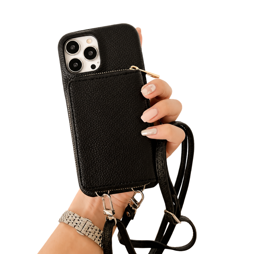 Premium iPhone Case Leather Zipper Wallet Crossbody Cover Card Holder Shoulder Strap Shockproof Protective Magnetic Closure Full Coverage Design
