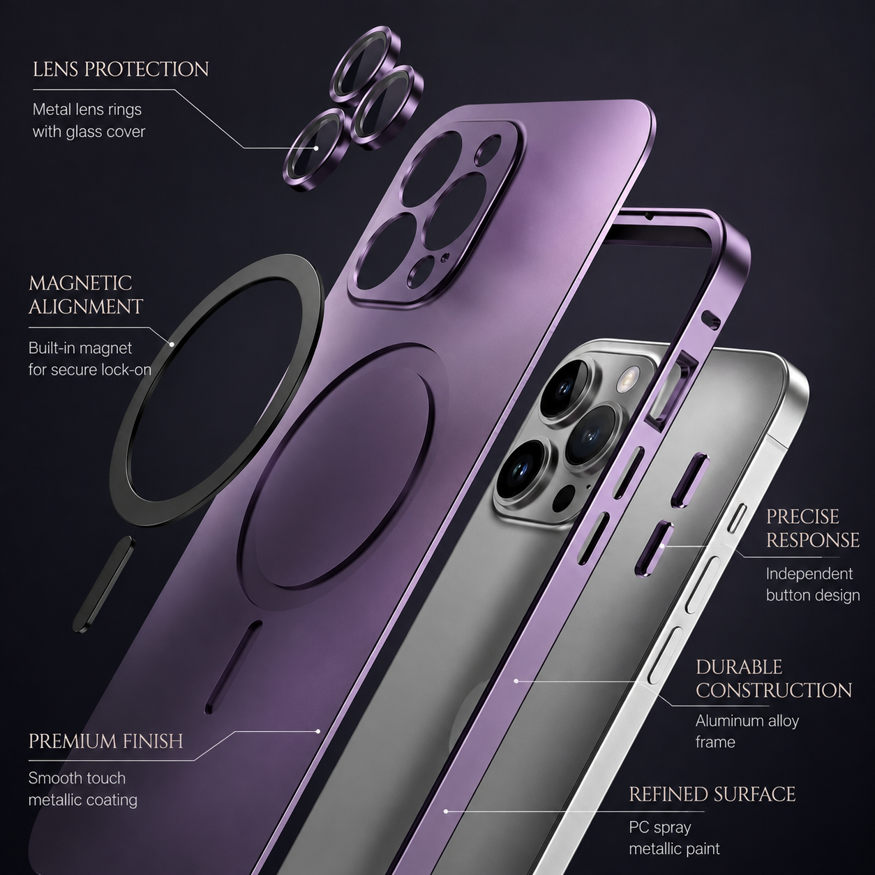 Premium iPhone Case MagSafe Compatible Aluminum Frame Hard PC Back Cover Shockproof Camera Lens Protection Matte Anti Fingerprint Full Coverage