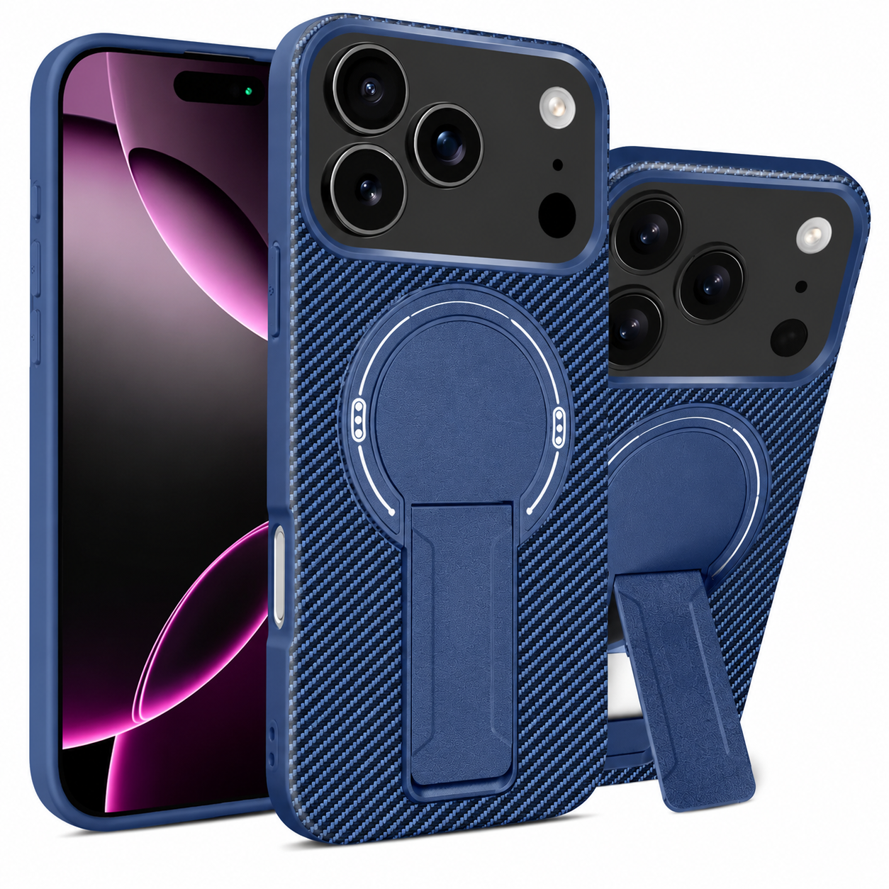 Premium iPhone Case MagSafe Compatible Carbon Fiber Pattern Fold Stand Magnetic Shockproof Protective Cover PC TPU Military Armor Camera Protection Full Coverage