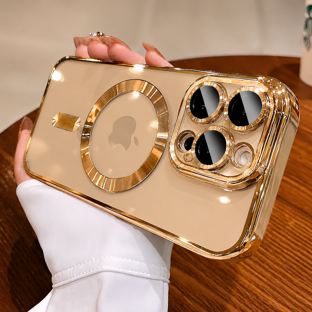 Premium iPhone Case MagSafe Compatible Clear Back Cover Desert Gold Frame Magnetic Lens Protection Shockproof Soft TPU Anti Scratch Slim Design