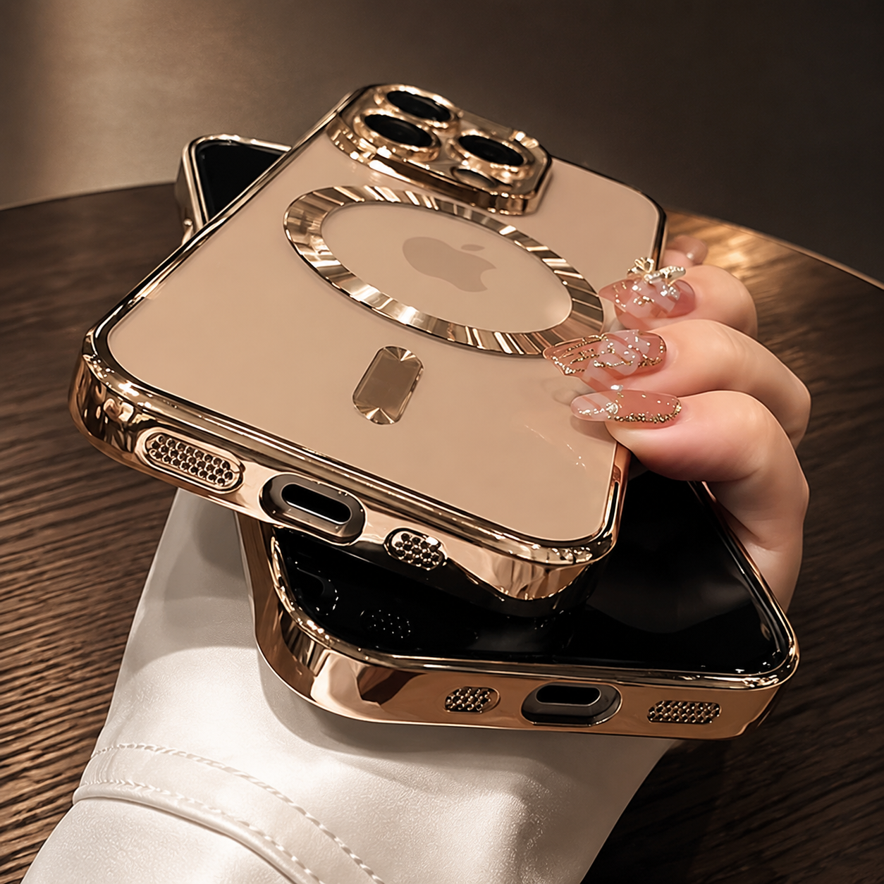 Premium iPhone Case MagSafe Compatible Clear Back Cover Desert Gold Frame Magnetic Lens Protection Shockproof Soft TPU Anti Scratch Slim Design