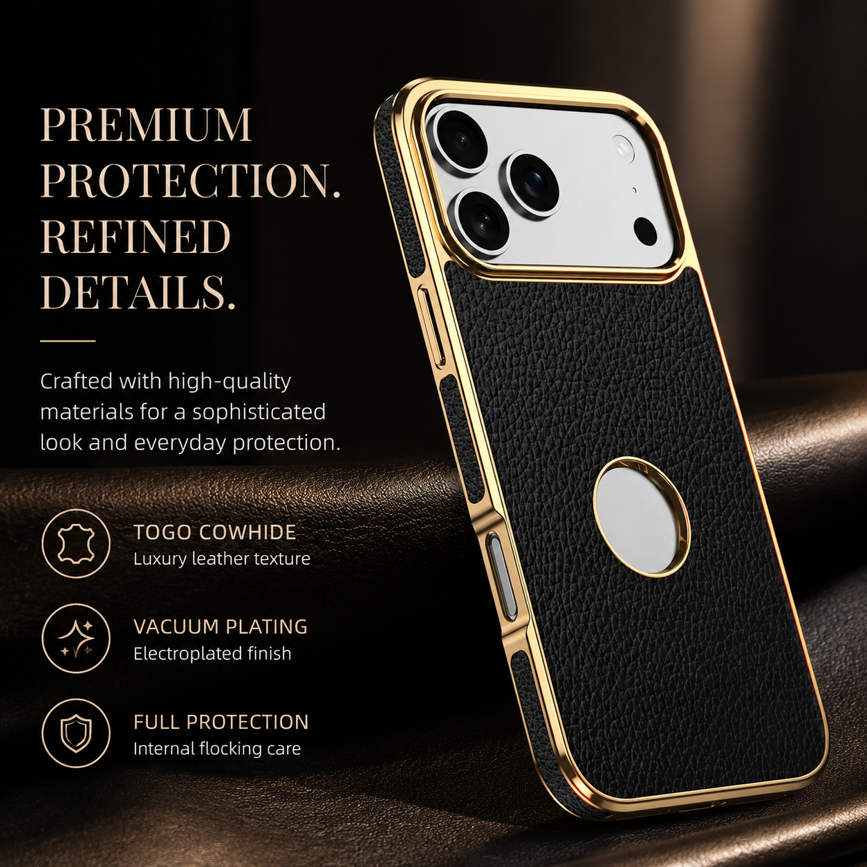 Premium iPhone Case MagSafe Compatible Cowhide Leather Cover with Lychee Texture Slim Protective Design Anti Fingerprint Non Slip Grip Durable Finish