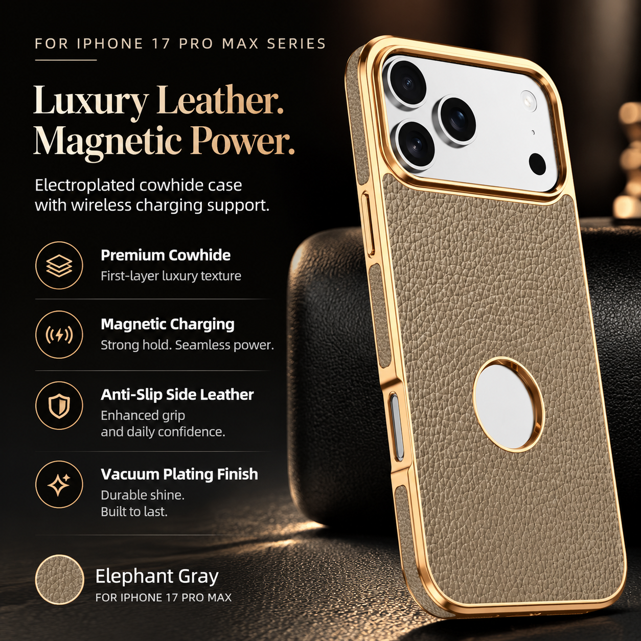 Premium iPhone Case MagSafe Compatible Cowhide Leather Cover with Lychee Texture Slim Protective Design Anti Fingerprint Non Slip Grip Durable Finish