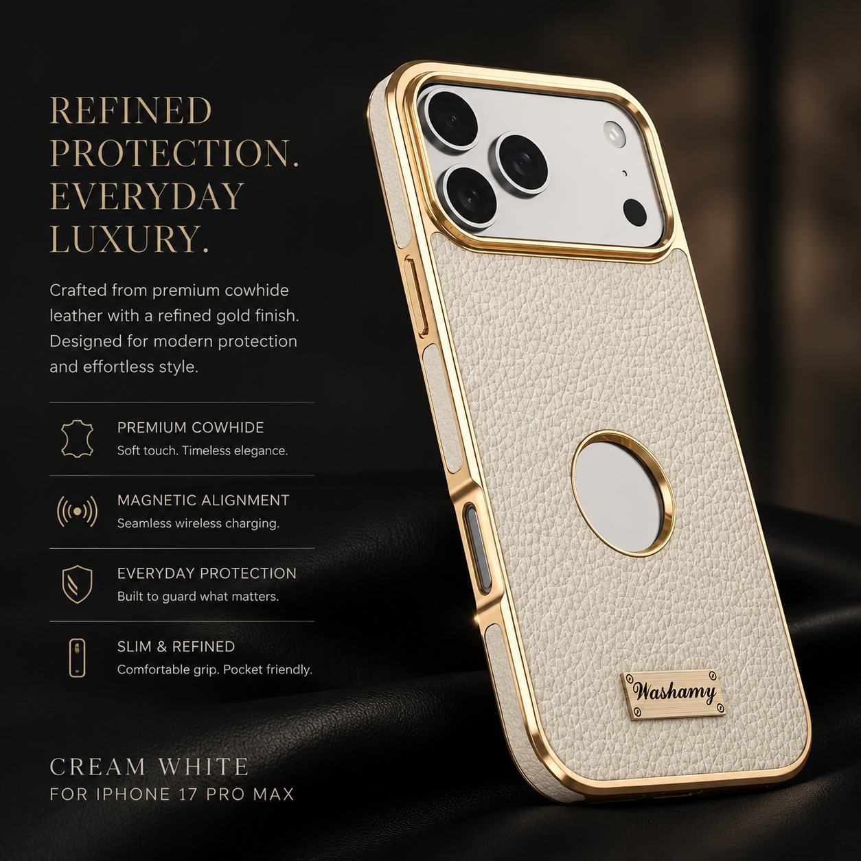 Premium iPhone Case MagSafe Compatible Cowhide Leather Cover with Lychee Texture Slim Protective Design Anti Fingerprint Non Slip Grip Durable Finish