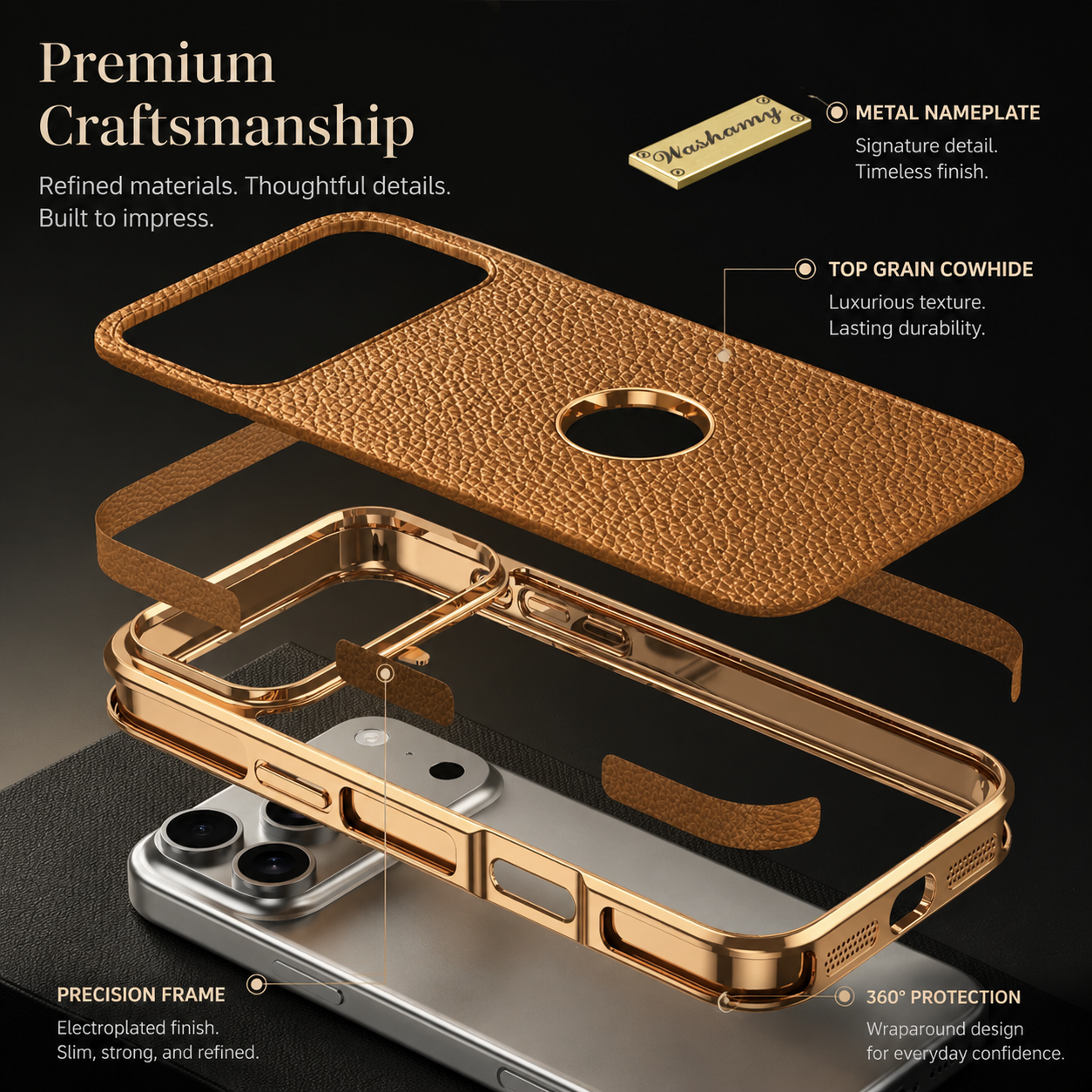Premium iPhone Case MagSafe Compatible Cowhide Leather Cover with Lychee Texture Slim Protective Design Anti Fingerprint Non Slip Grip Durable Finish