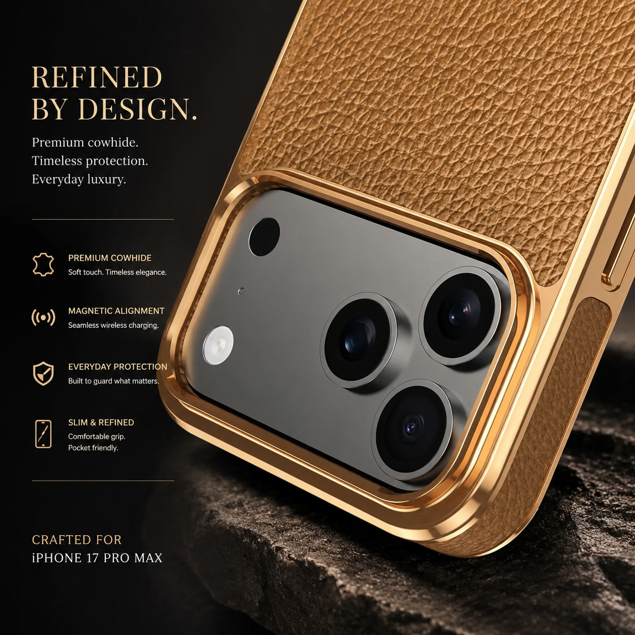 Premium iPhone Case MagSafe Compatible Cowhide Leather Cover with Lychee Texture Slim Protective Design Anti Fingerprint Non Slip Grip Durable Finish