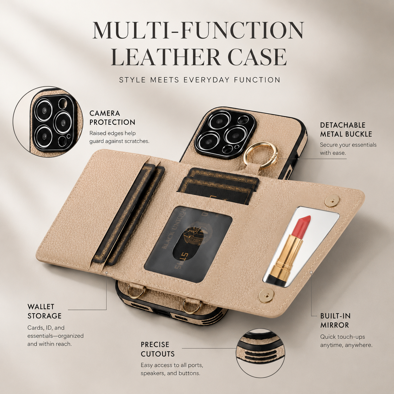 Premium iPhone Case MagSafe Compatible Crossbody Wallet Protective Cover PU Leather Card Holder Ring Stand Adjustable Strap Shockproof Full Body Design