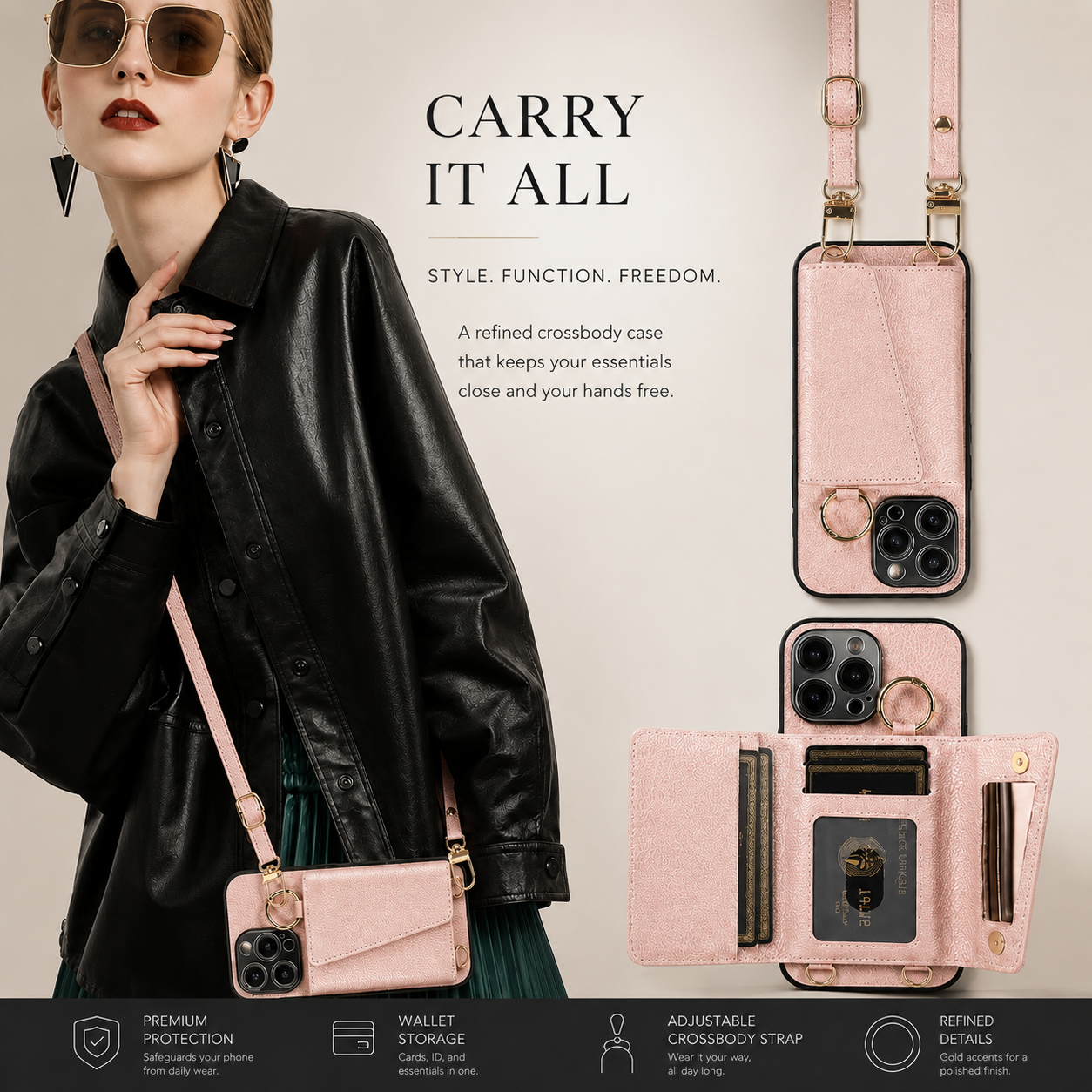Premium iPhone Case MagSafe Compatible Crossbody Wallet Protective Cover PU Leather Card Holder Ring Stand Adjustable Strap Shockproof Full Body Design